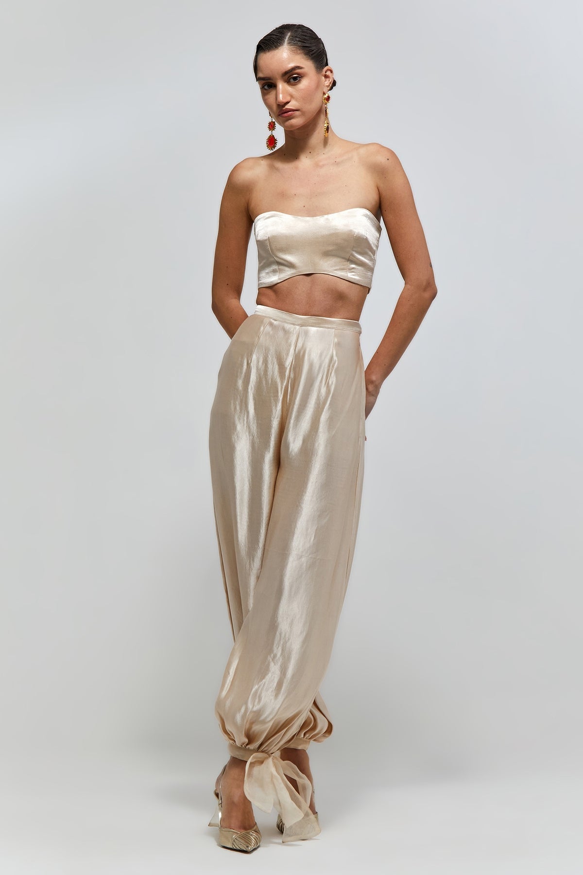 Zeenat Champagne Georgette Embroidered Backless Jacket With Bustier And Balloon Pant