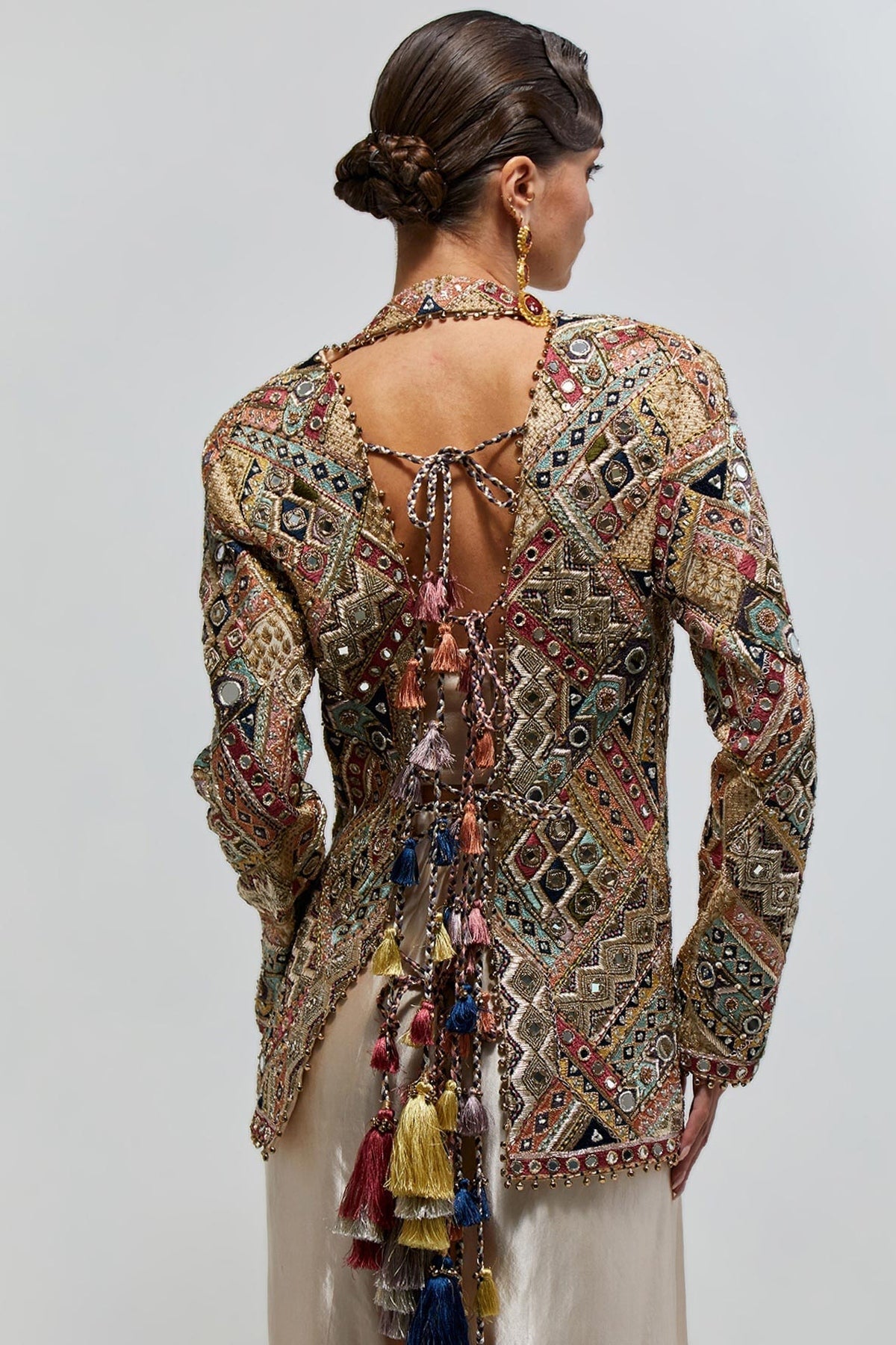 Zeenat Champagne Georgette Embroidered Backless Jacket With Bustier And Balloon Pant