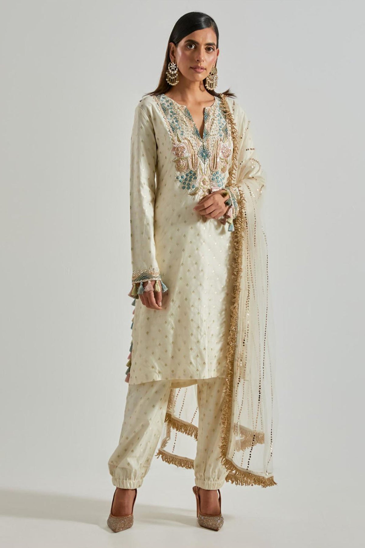 Off-White Chiniya Silk Kurta with Jogger Pants & Net Dupatta