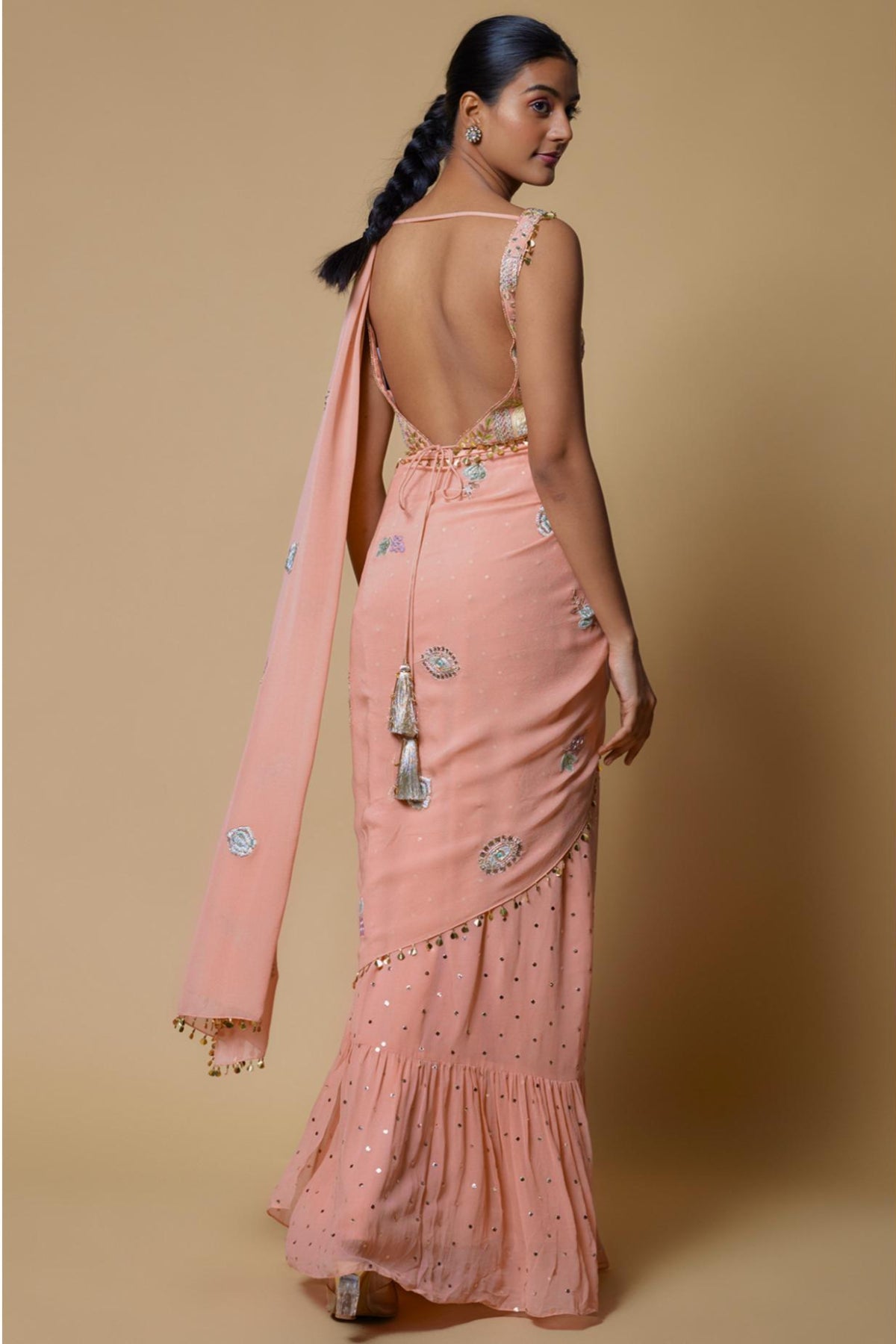 Rose Pink Embroidered Choli With Frill Pre-stitched Saree