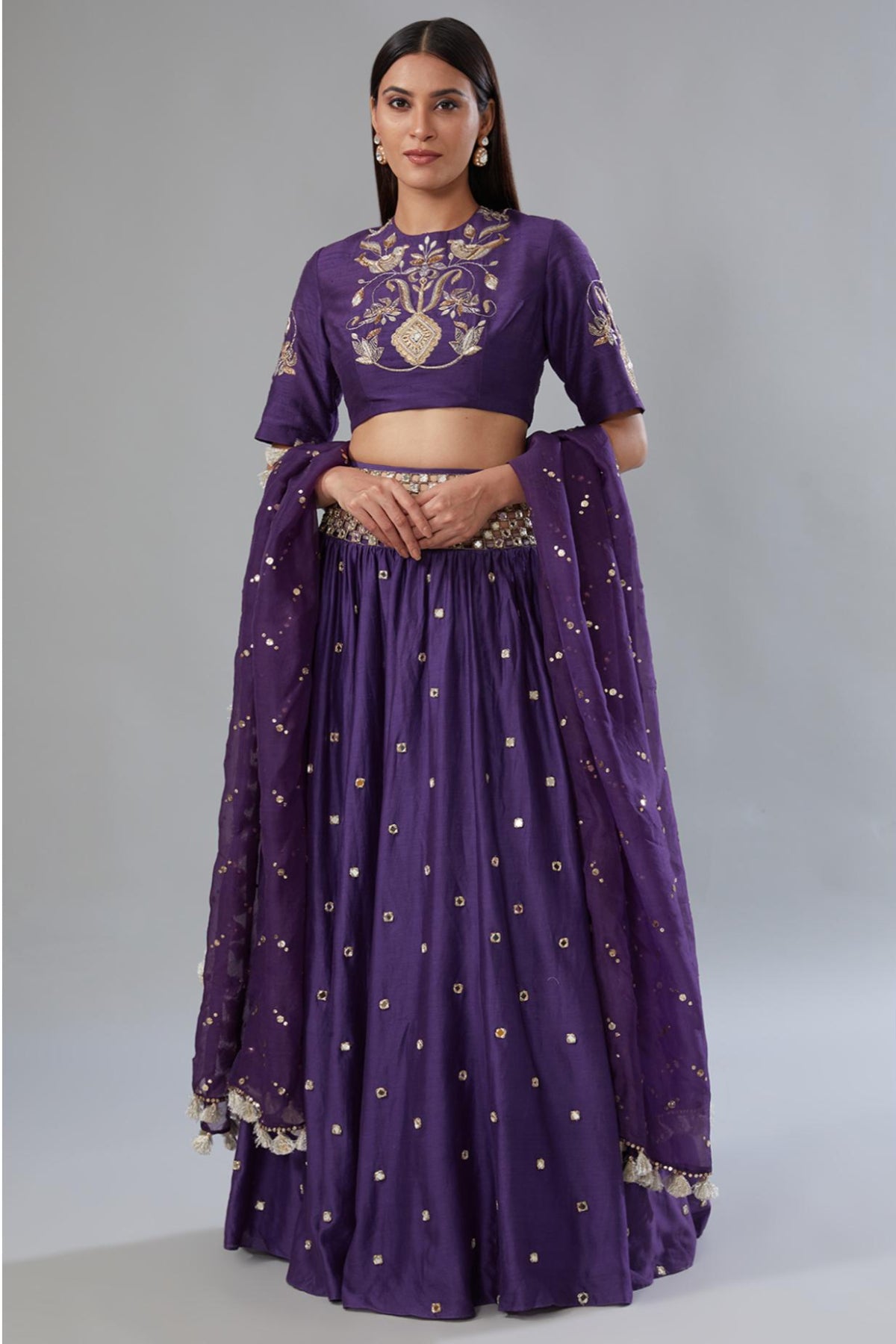 Purple Embroidered Choli With Cutwork Belt Lehenga & Dupatta