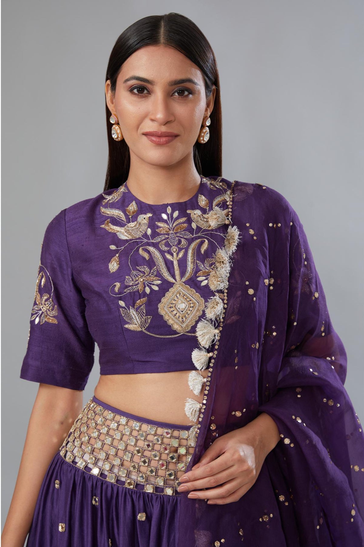 Purple Embroidered Choli With Cutwork Belt Lehenga & Dupatta