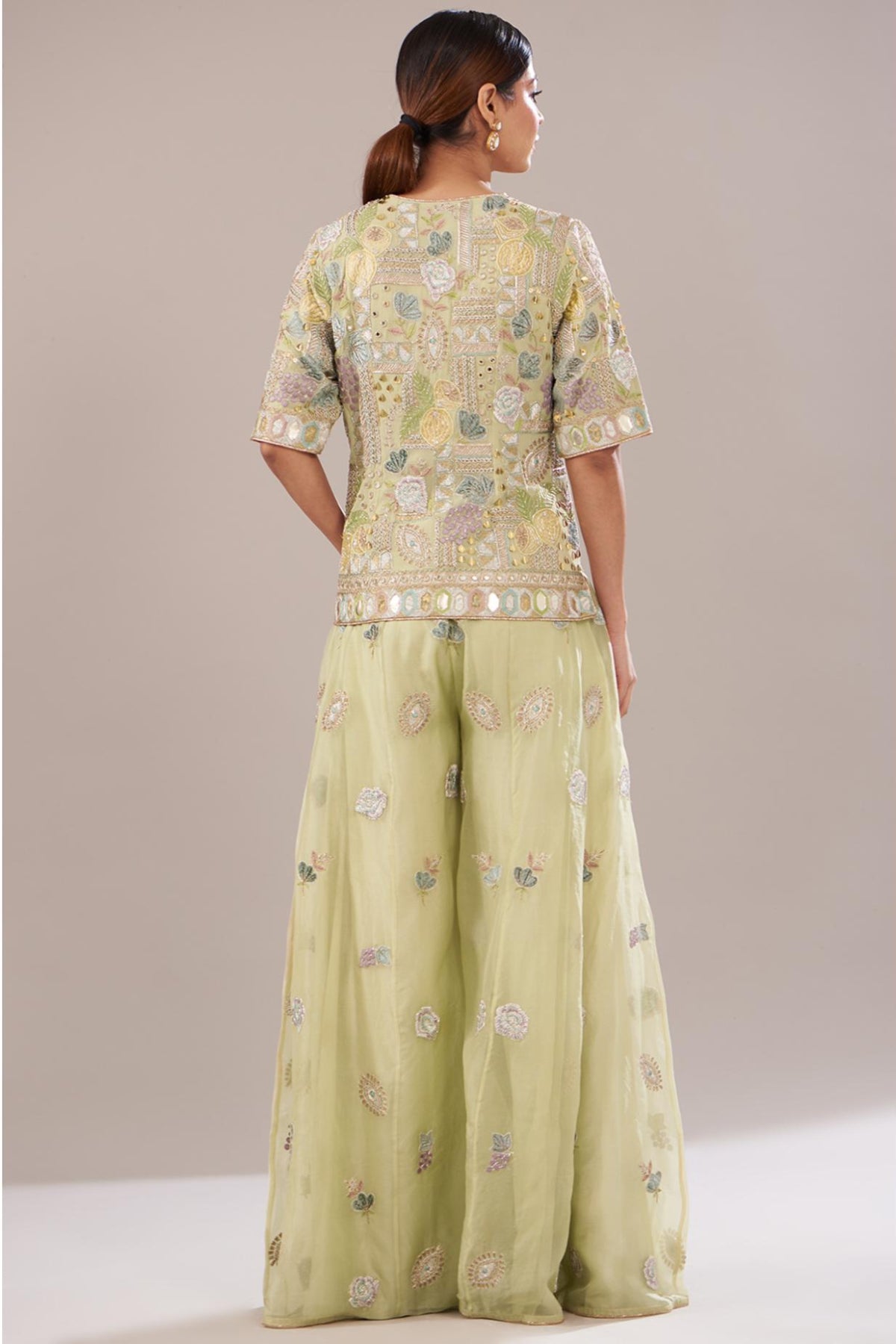 Mint Embroidered Kurta With Belt & Sharara