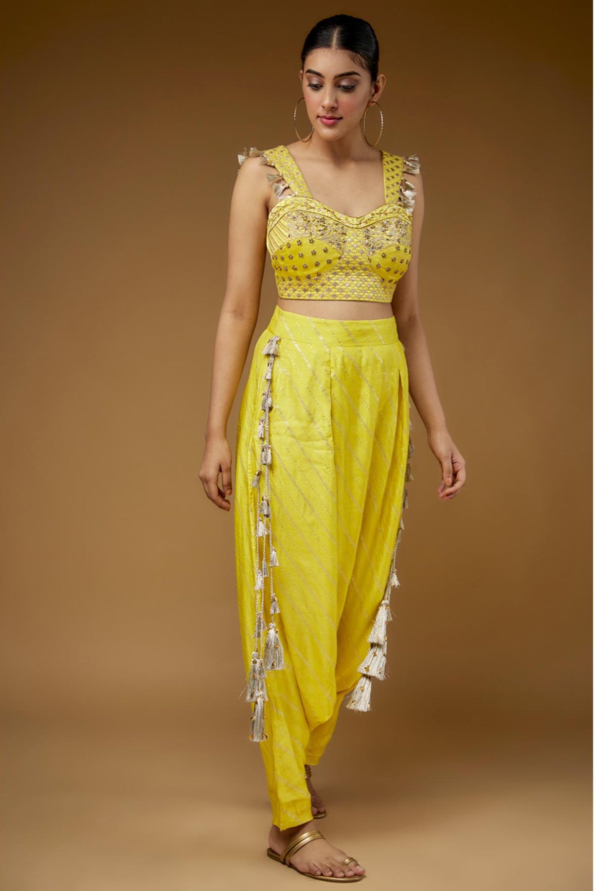 Lime Embroidered Corset Top With Low-crotch Pant