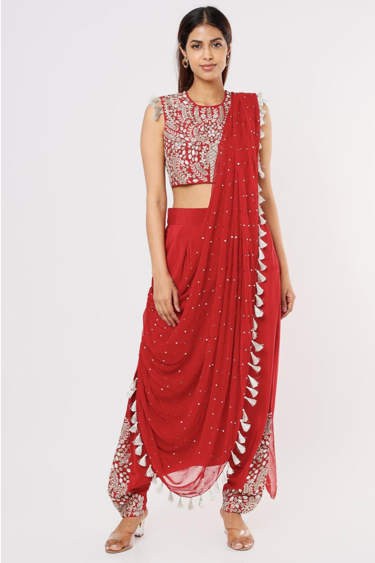 Cherry Red Embroidered Back Tie Up Choli & Low Crotch Pant With Attached Drape
