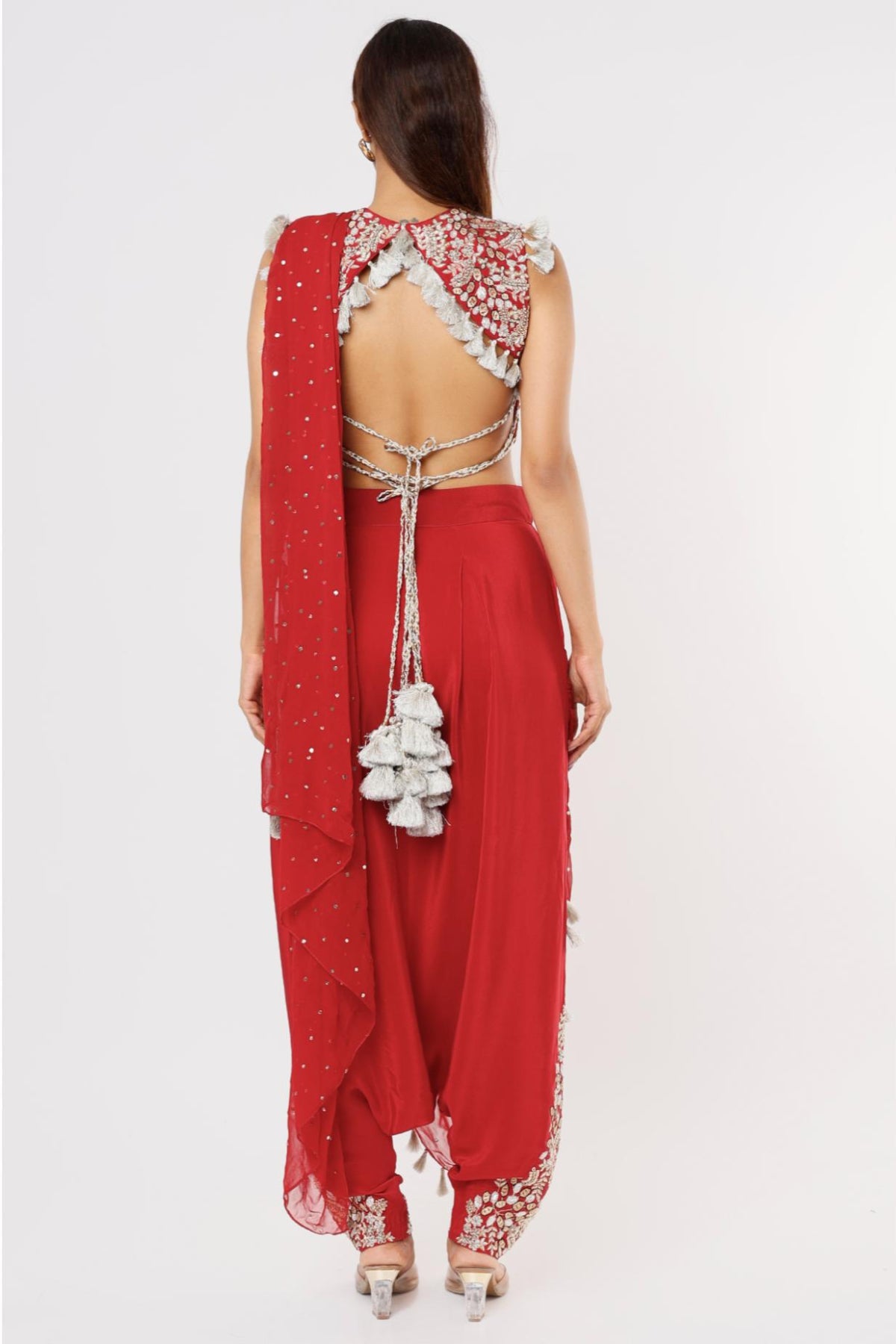 Cherry Red Embroidered Back Tie Up Choli & Low Crotch Pant With Attached Drape