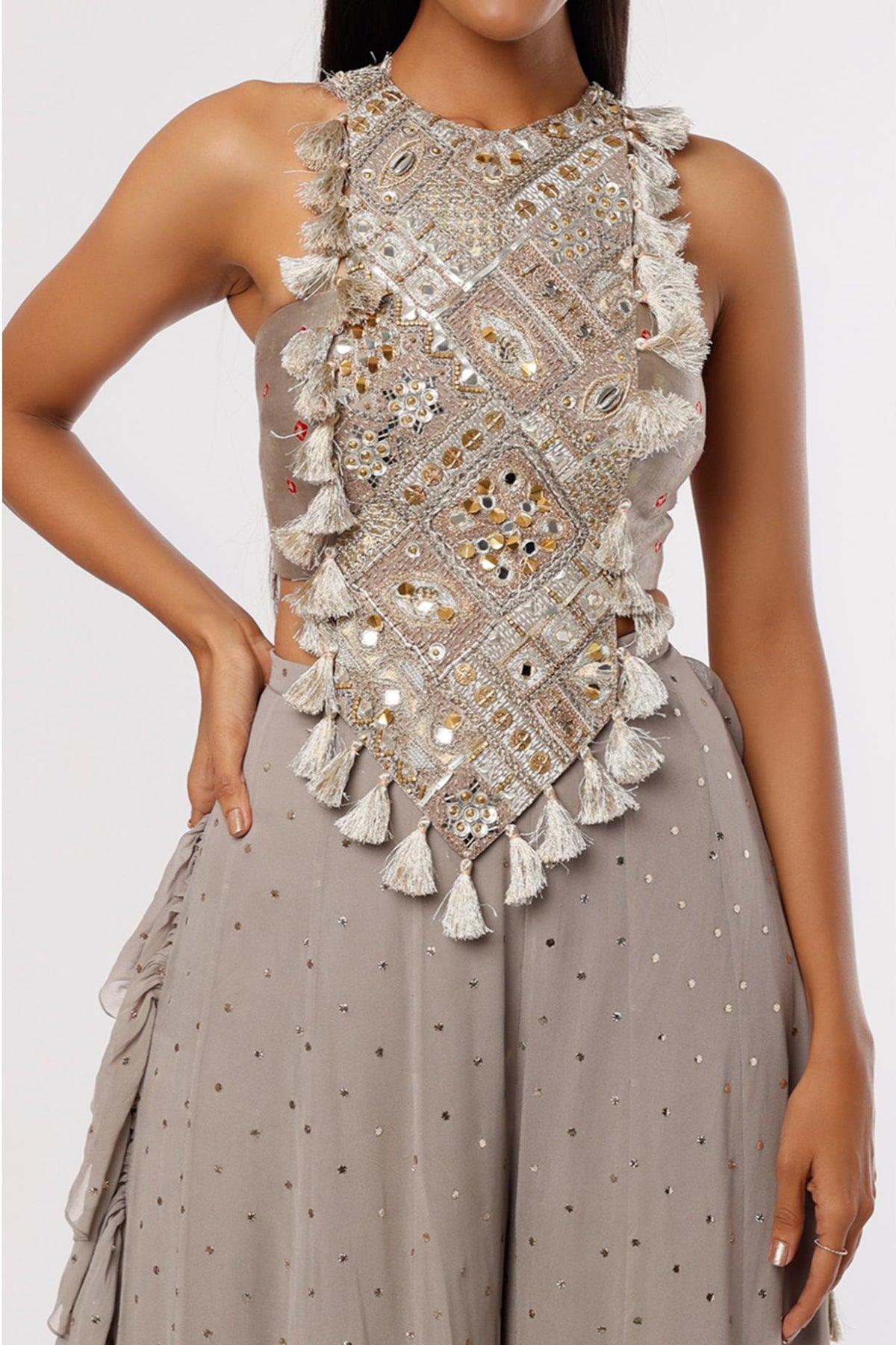 Grey Embroidered Choli & Frill Sharara