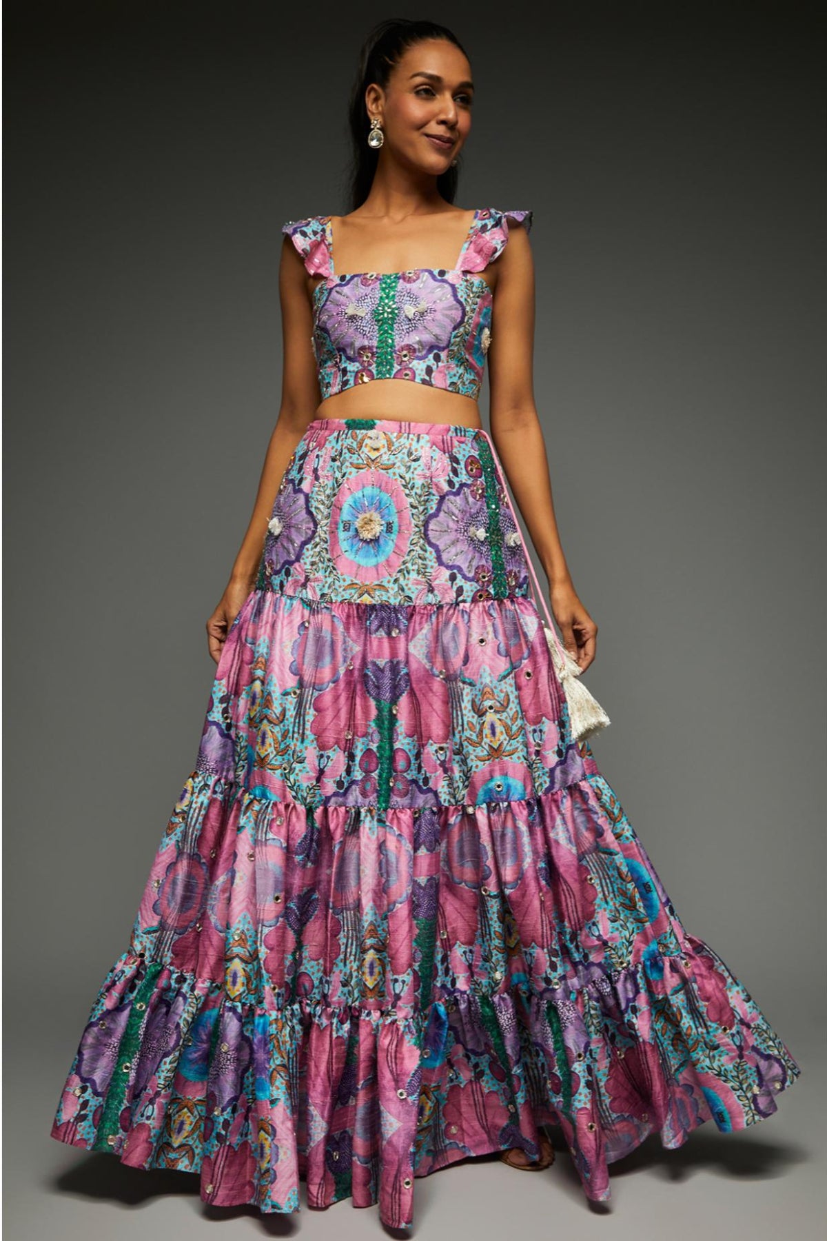 Pink Embroidered Bustier With Layered Skirt