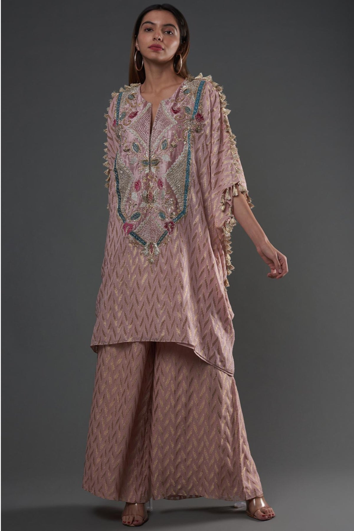 Rose Pink Embroidered Kaftan With Palazzo