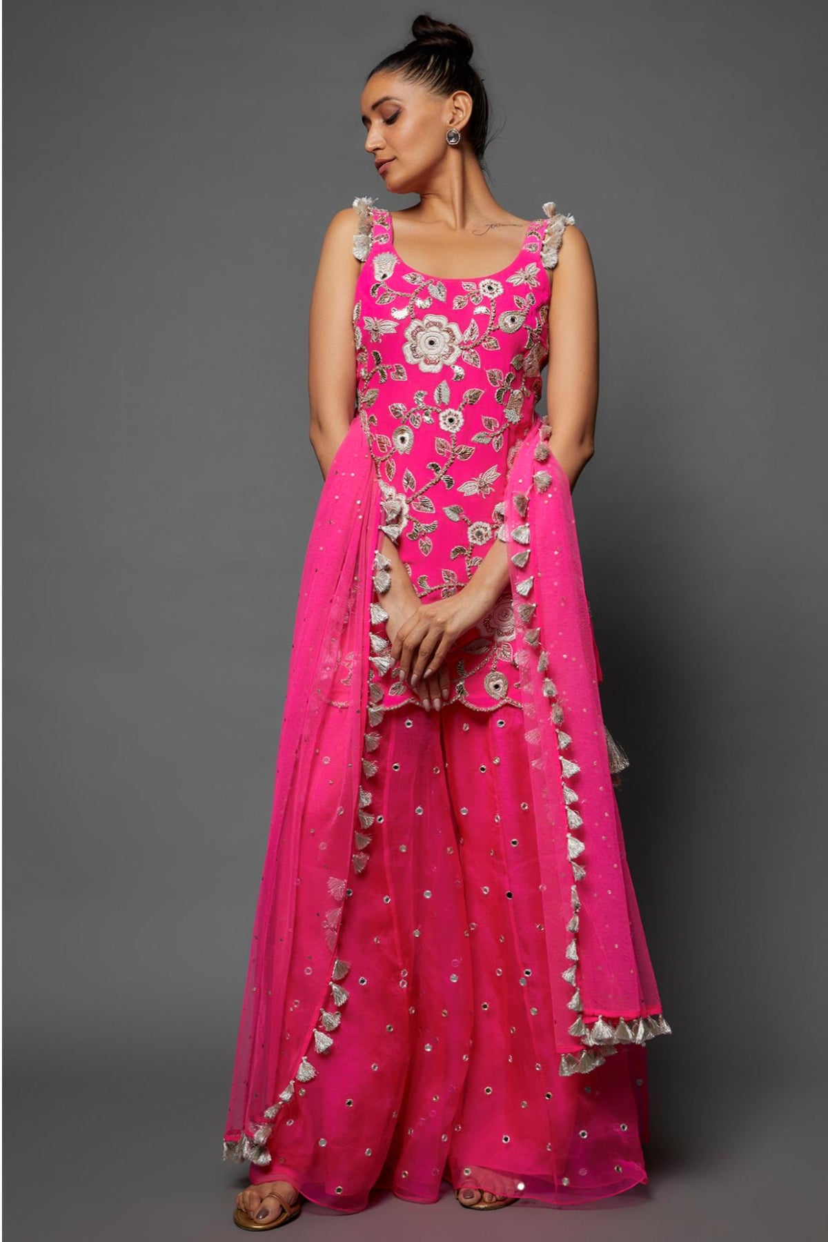 Hot Pink Embroidered Kurta & Sharara With Dupatta