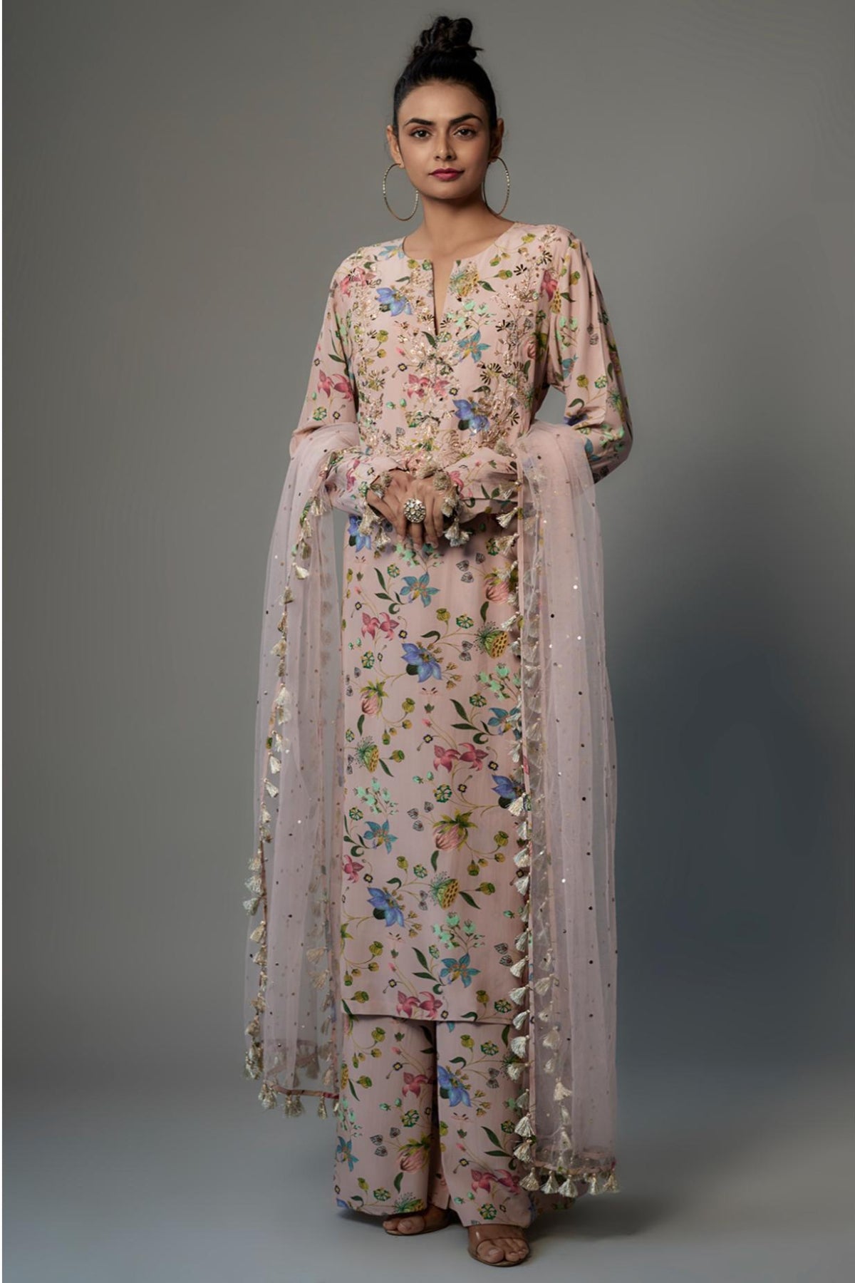 Rose Pink Crepe Embroidered Yoke Kurta With Palazzo & Dupatta