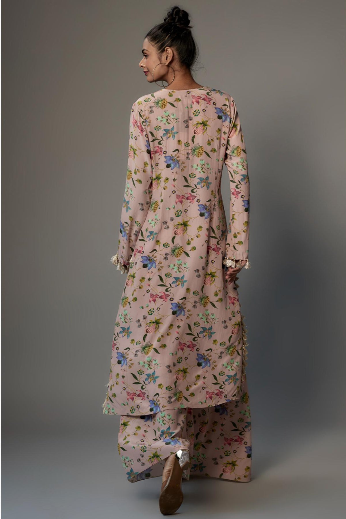 Rose Pink Crepe Embroidered Yoke Kurta With Palazzo & Dupatta