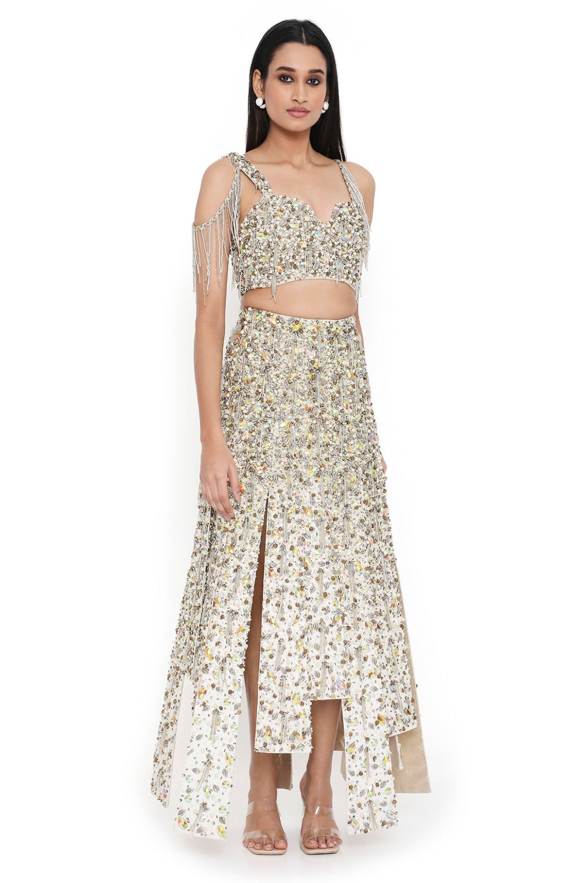 Lumina Off White Embroidered Choli With High Low Skirt