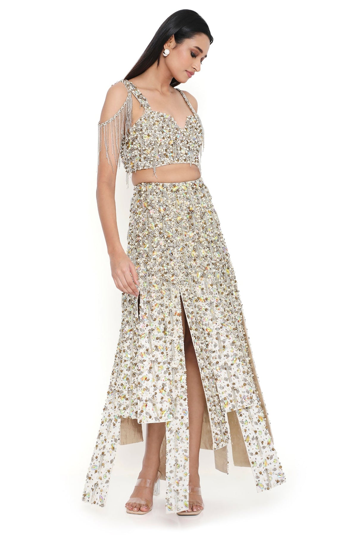 Lumina Off White Embroidered Choli With High Low Skirt