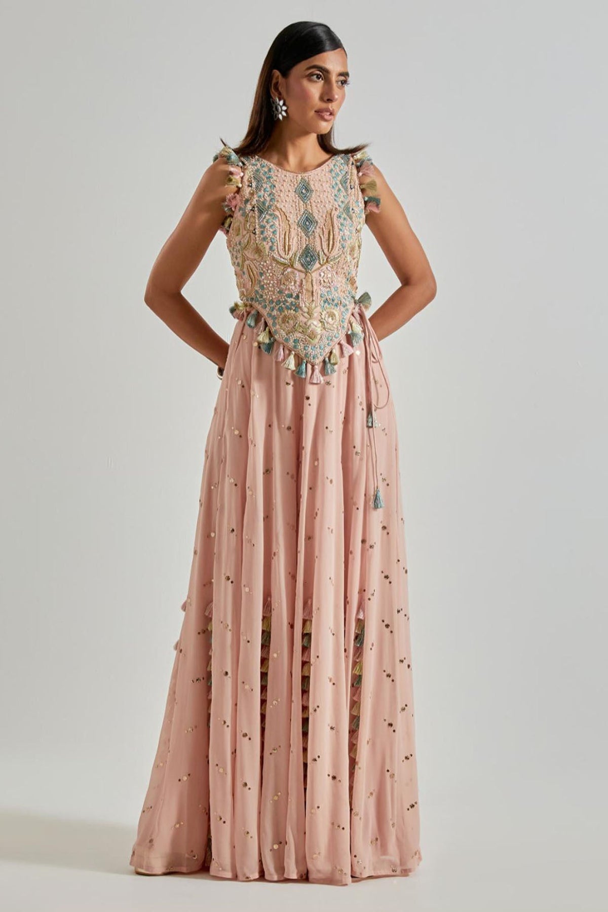 Peachy Pink Choli with Covered Back & Georgette Sharara