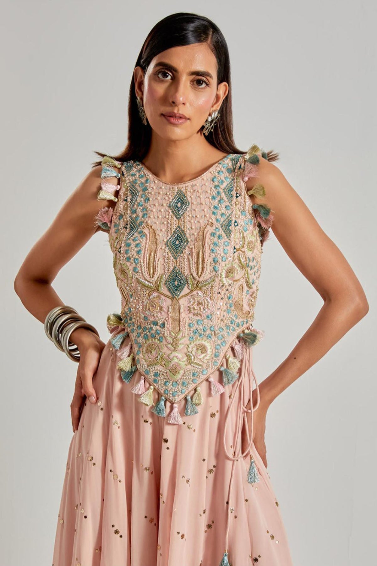 Peachy Pink Choli with Covered Back & Georgette Sharara