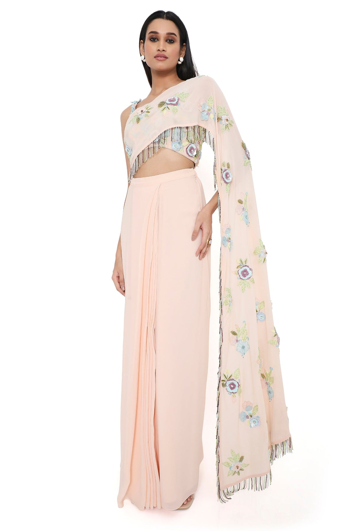 Leona Peach Embroidered Choli With Attached Embroidered Pallu And Pre-stitched Skirt