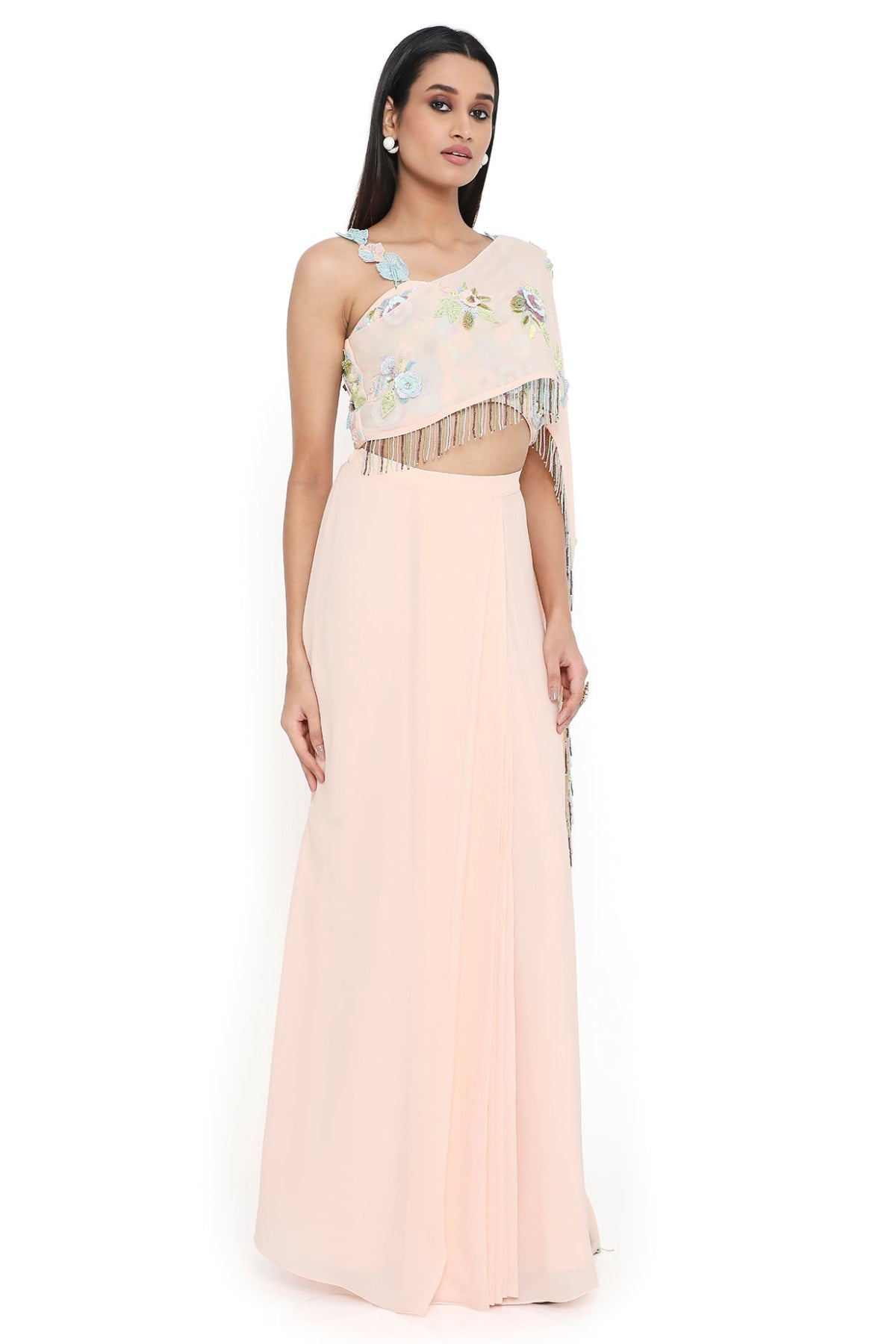 Leona Peach Embroidered Choli With Attached Embroidered Pallu And Pre-stitched Skirt