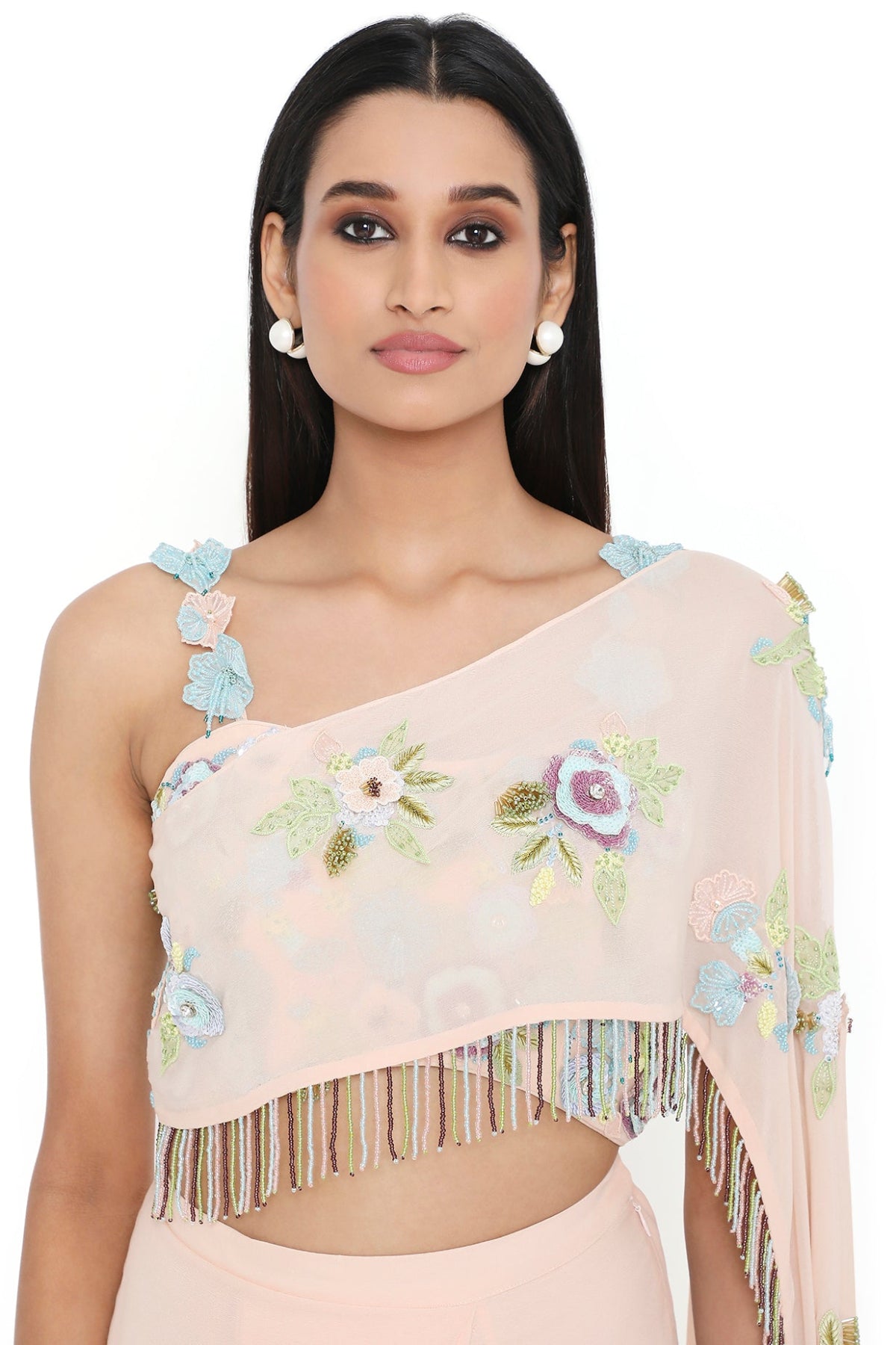 Leona Peach Embroidered Choli With Attached Embroidered Pallu And Pre-stitched Skirt