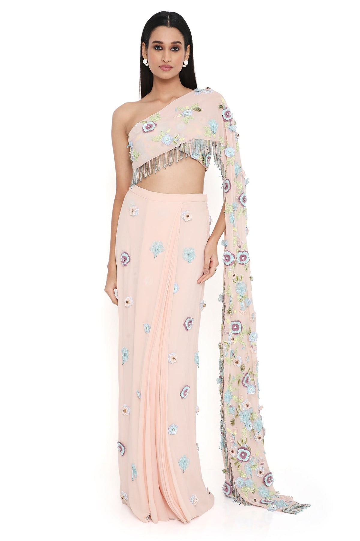 Zetta Blush Pink Embroidered Choli With Attached Pallu And Embroidered Pre-stitched Skirt