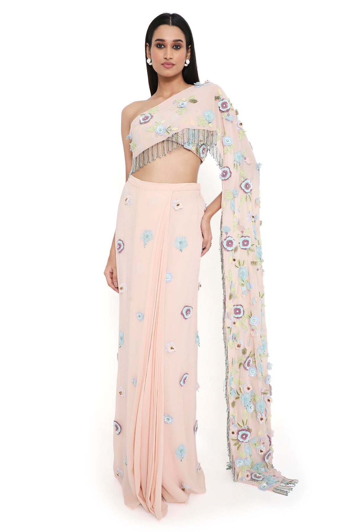Zetta Blush Pink Embroidered Choli With Attached Pallu And Embroidered Pre-stitched Skirt