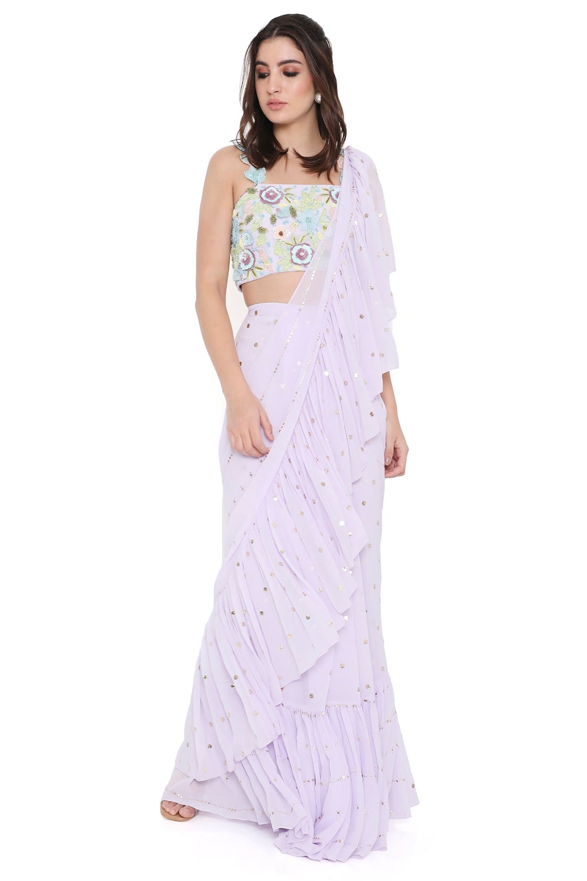 Paola Lavender Embroidered Choli With Pre-stitched Ruffle Saree