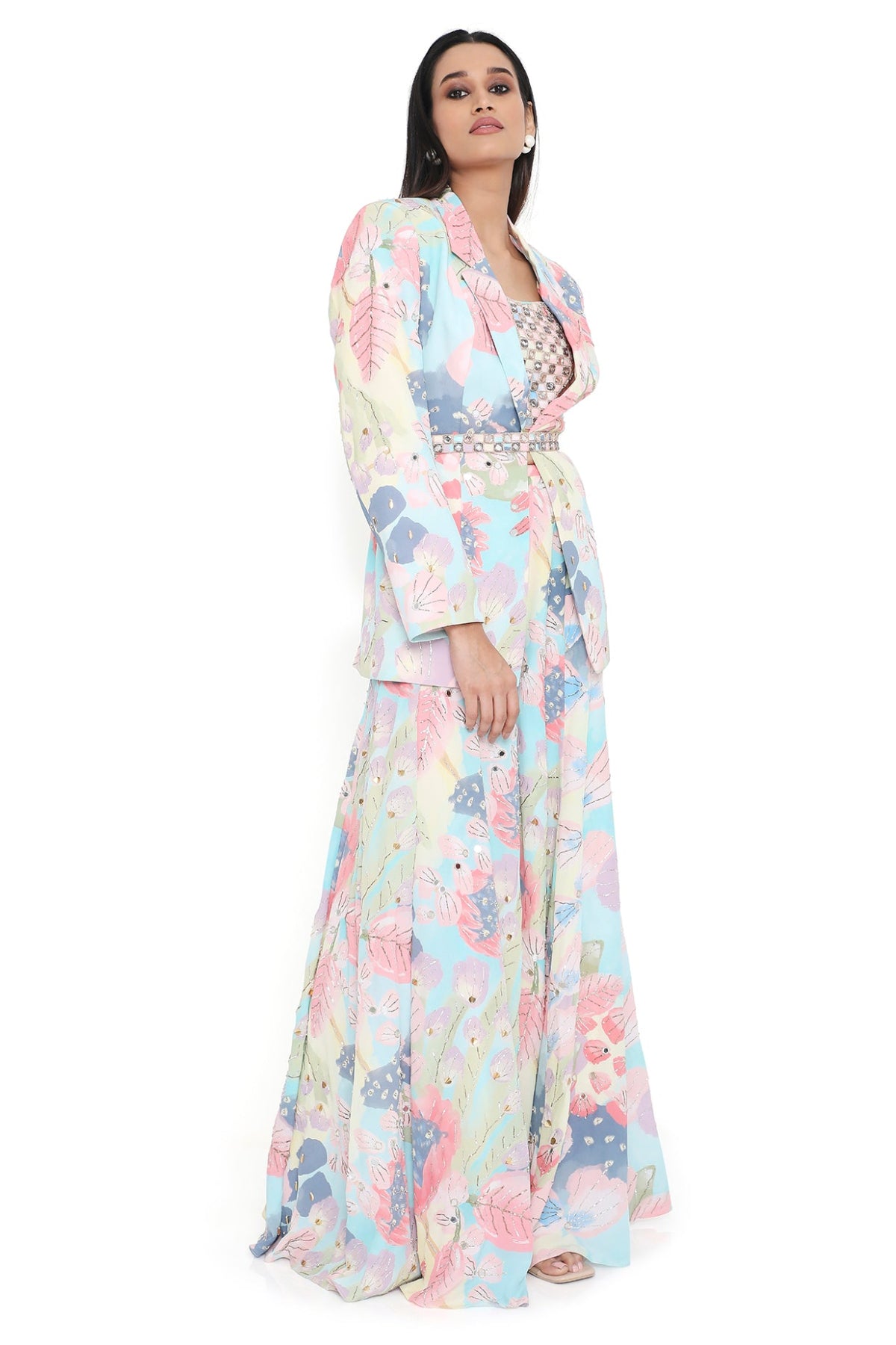 Fresia Euphoria Print Embroidered Blazer With Bustier And Sharara With Belt