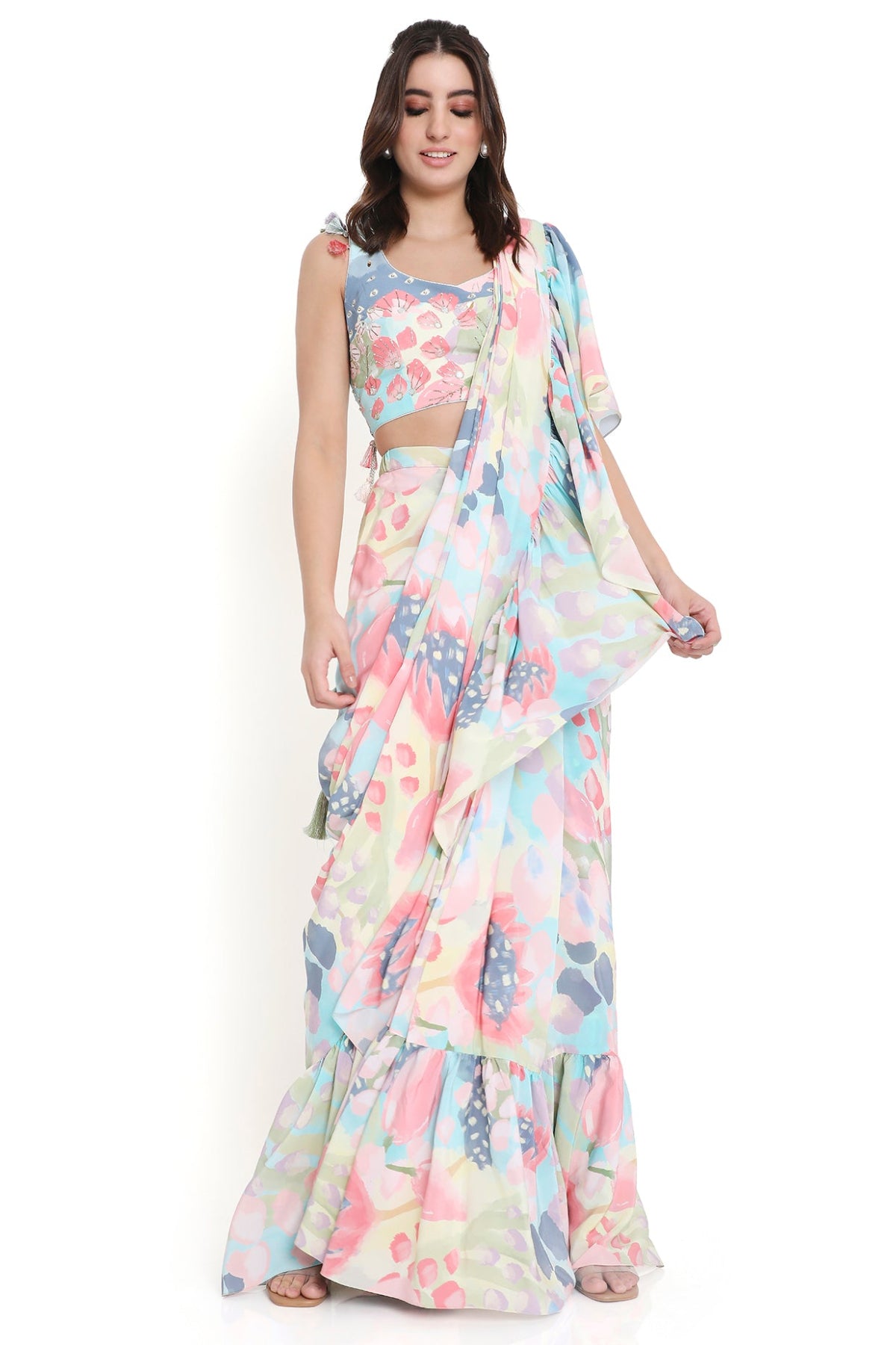 Marisa Euphoria Print Embroidered Choli With Ruffle Saree
