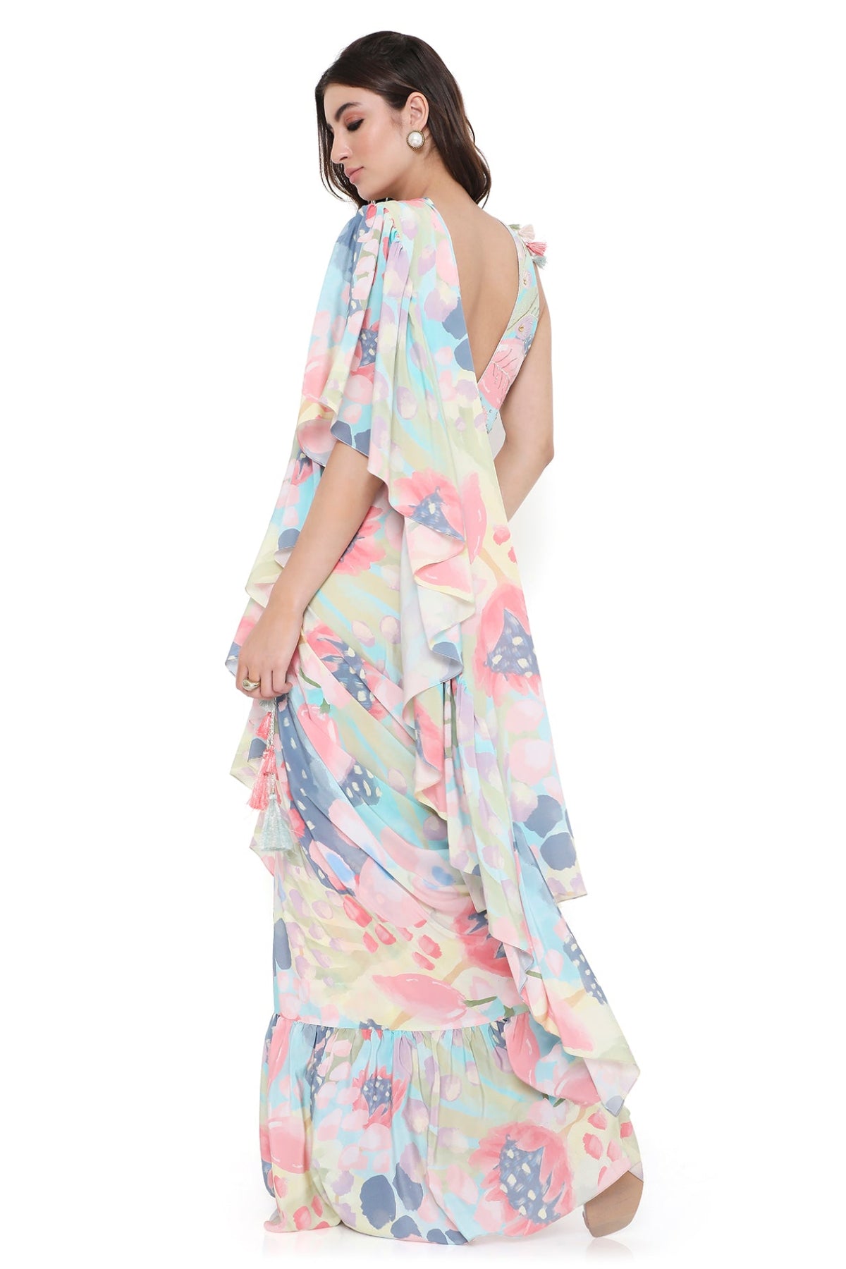 Marisa Euphoria Print Embroidered Choli With Ruffle Saree