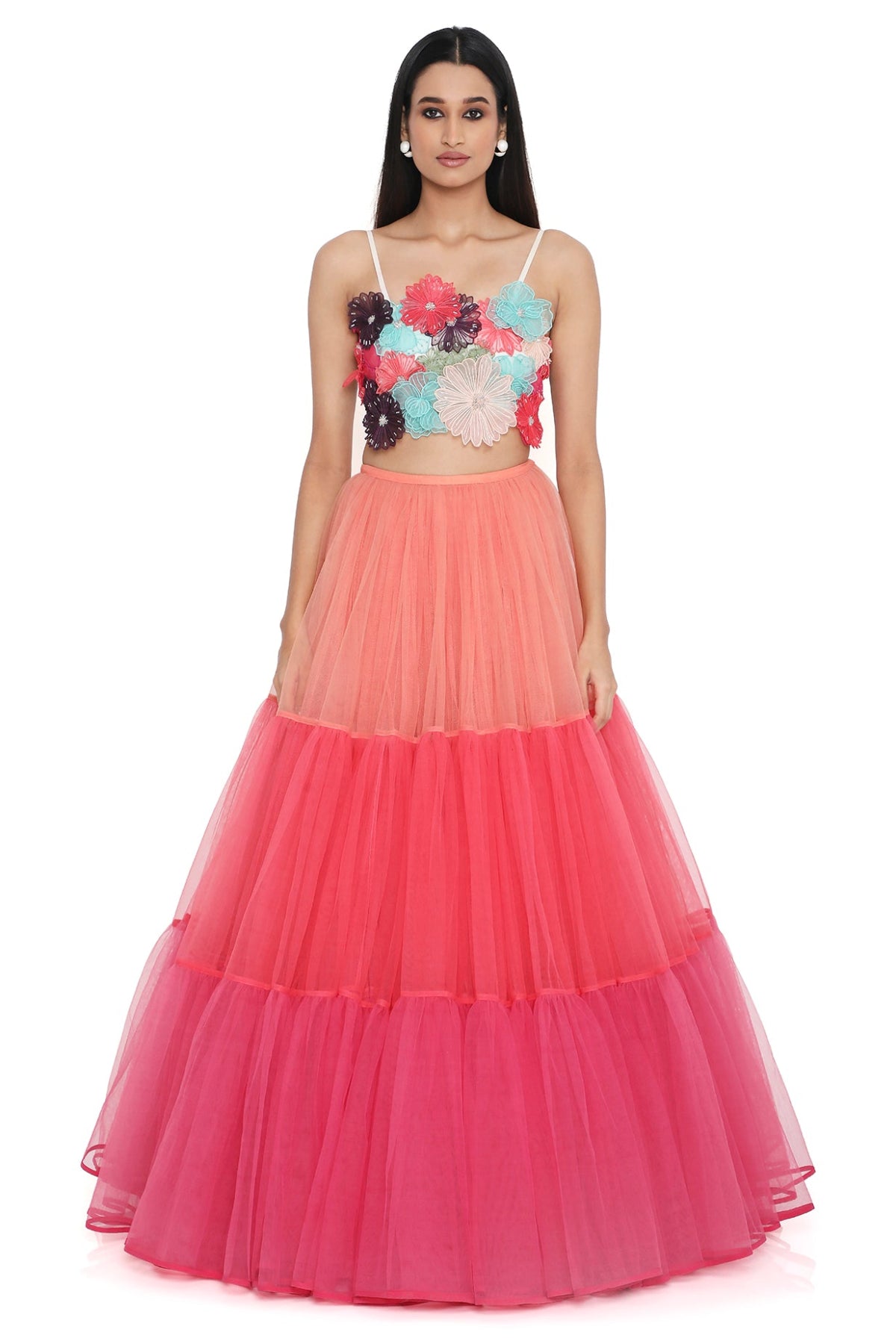 Isabella Off White 3d Flower Embroidered Choli With Multi Colour Layered Lehenga