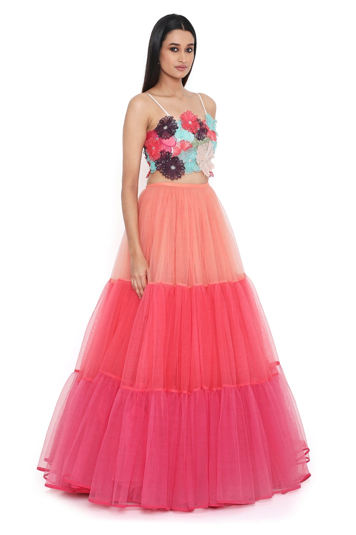 Isabella Off White 3d Flower Embroidered Choli With Multi Colour Layered Lehenga