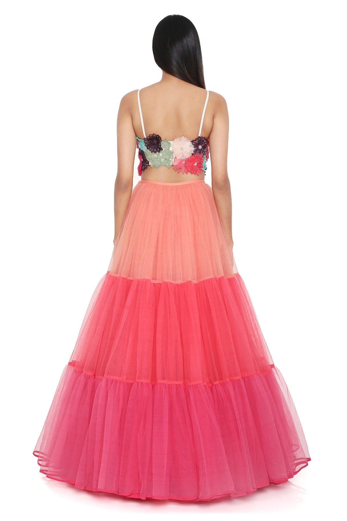 Isabella Off White 3d Flower Embroidered Choli With Multi Colour Layered Lehenga