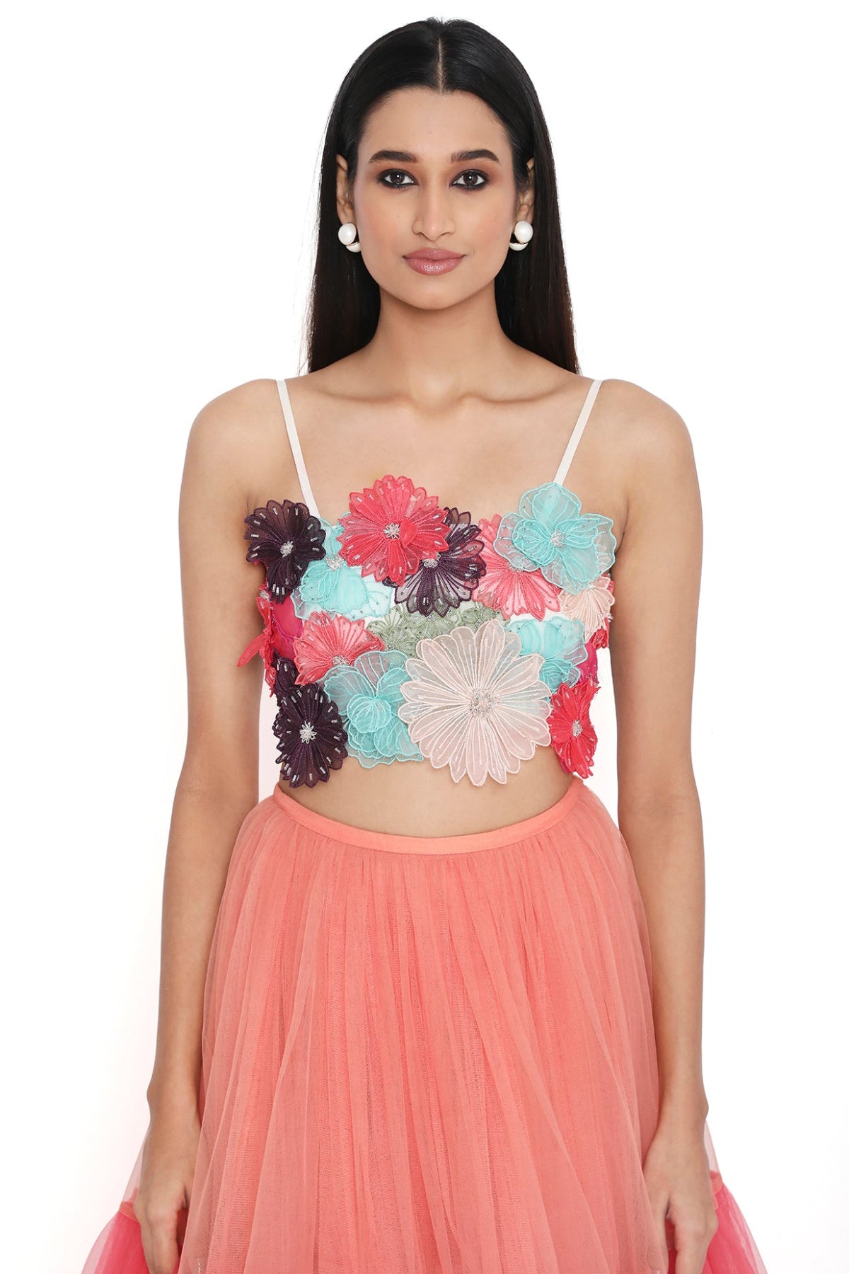 Isabella Off White 3d Flower Embroidered Choli With Multi Colour Layered Lehenga