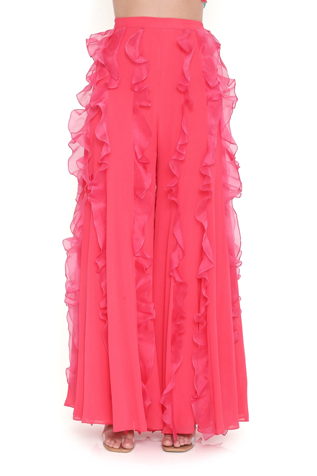 Rosetta Coral 3d Floral Embroidered One Shoulder Choli And Coral Sharara With Hot Pink Ruffles