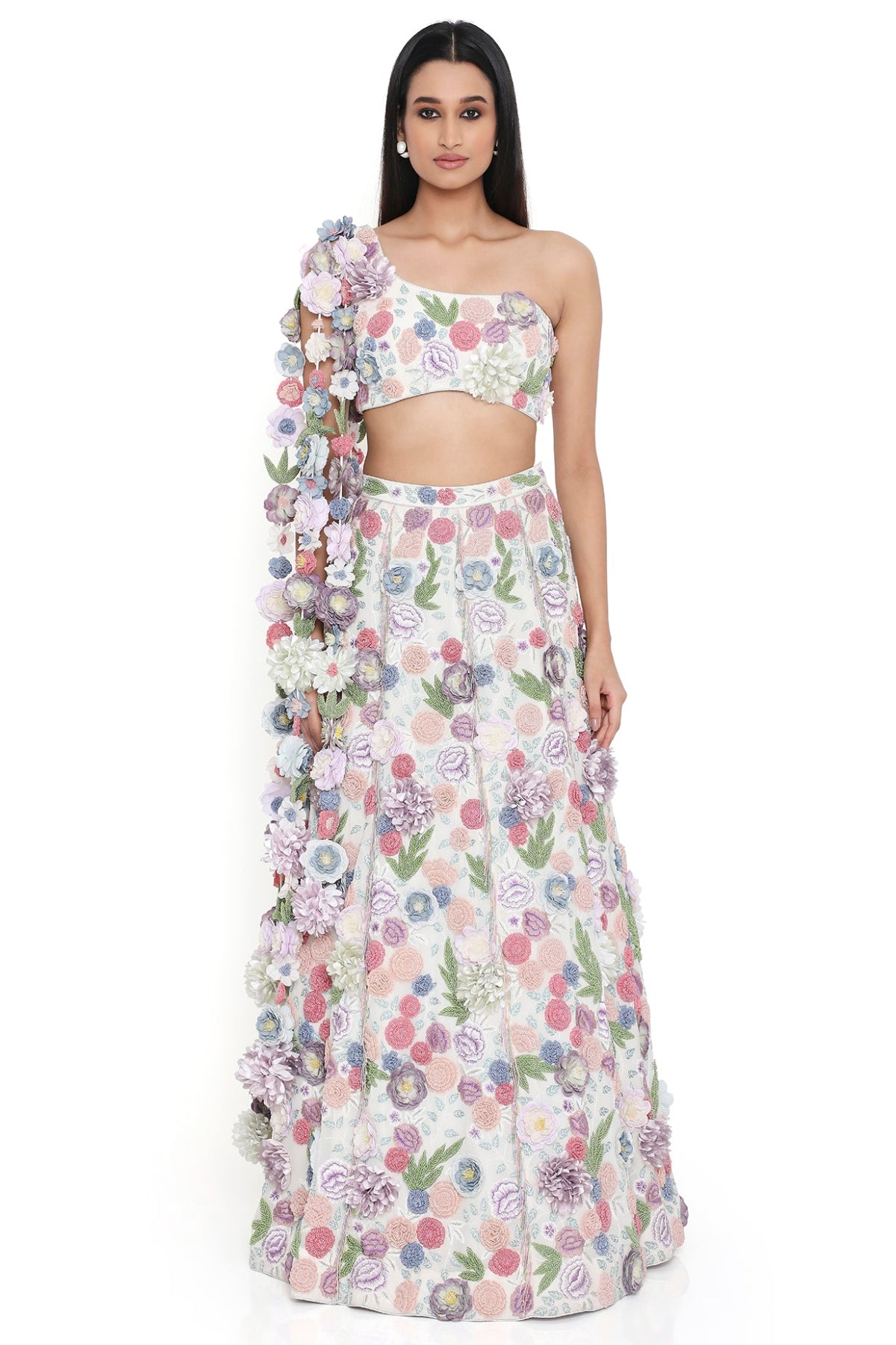 Lana Off White Embroiderd Choli With Hanging Flowered Tassels On Shoulder And Lehenga