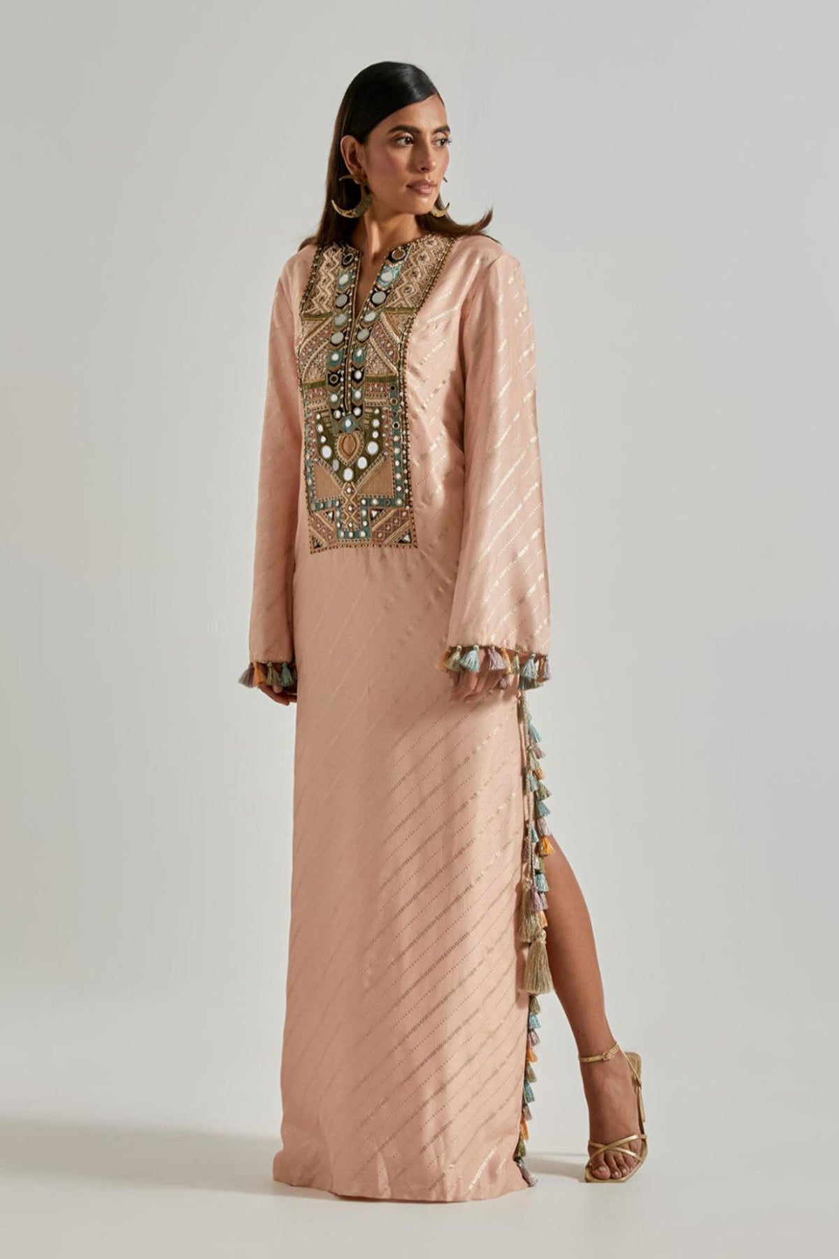 Peachy Pink Line Dola Silk Beyza Kaftan