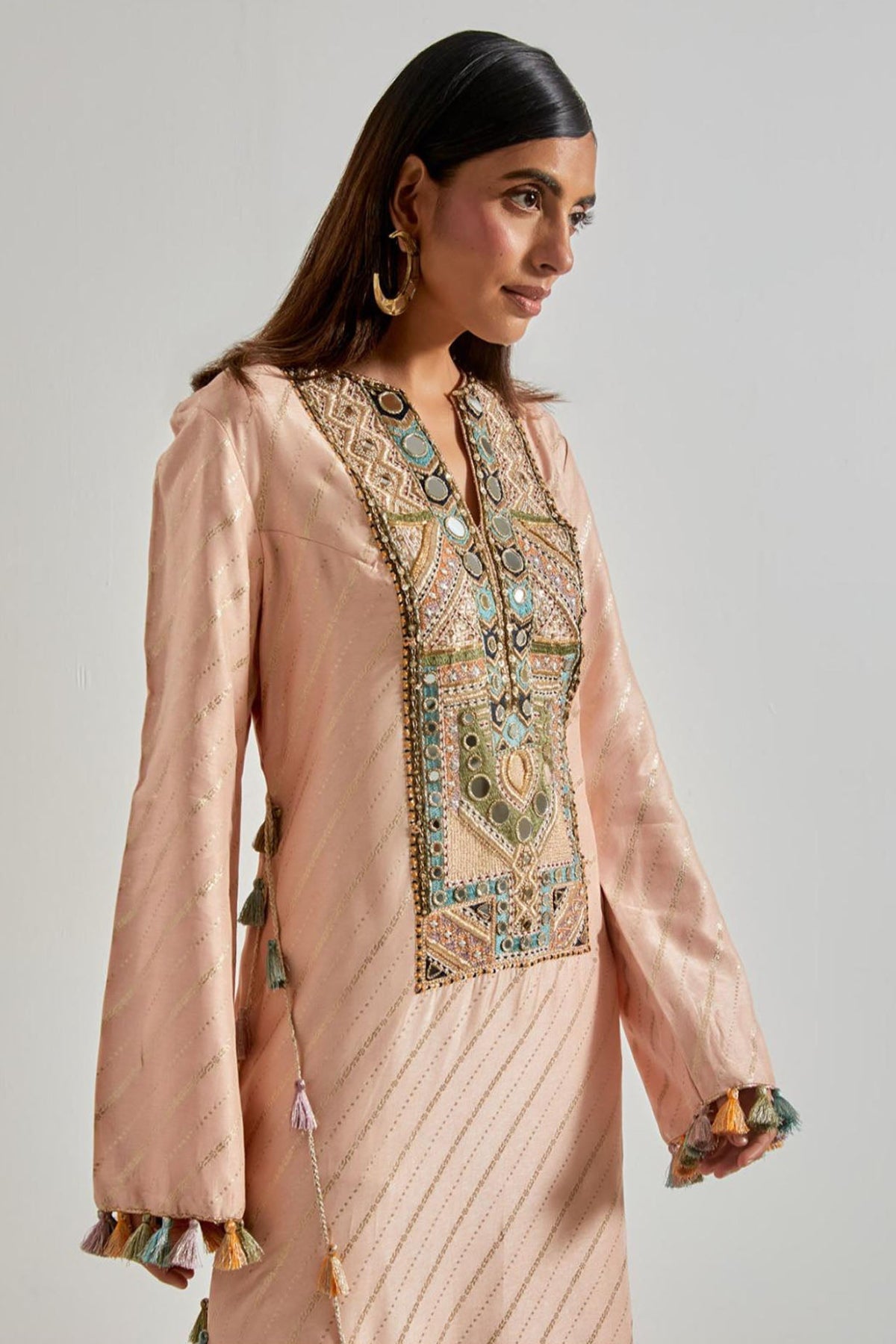 Peachy Pink Line Dola Silk Beyza Kaftan