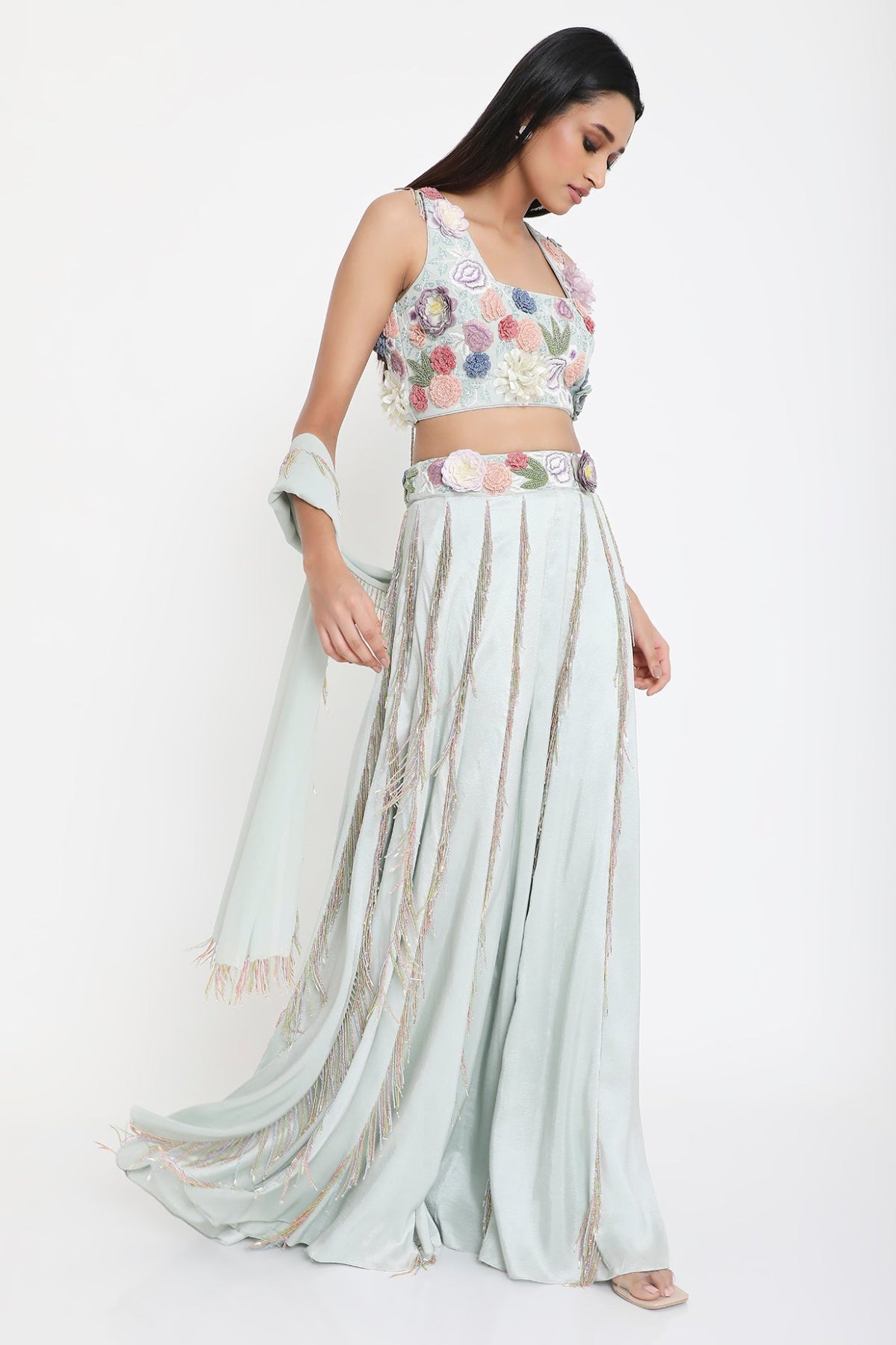 Andrea Sea Foam Embroidered Choli With Sharara And Dupatta