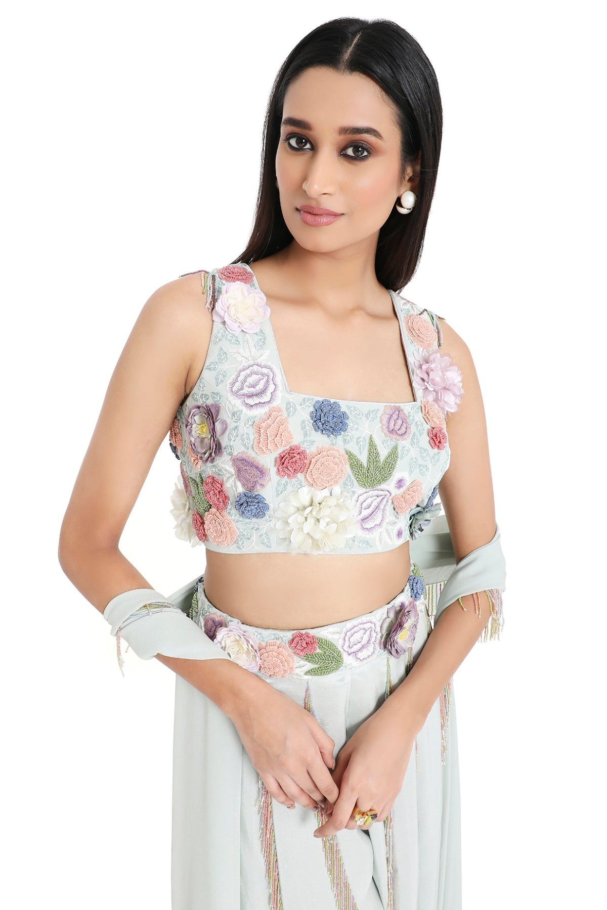 Andrea Sea Foam Embroidered Choli With Sharara And Dupatta