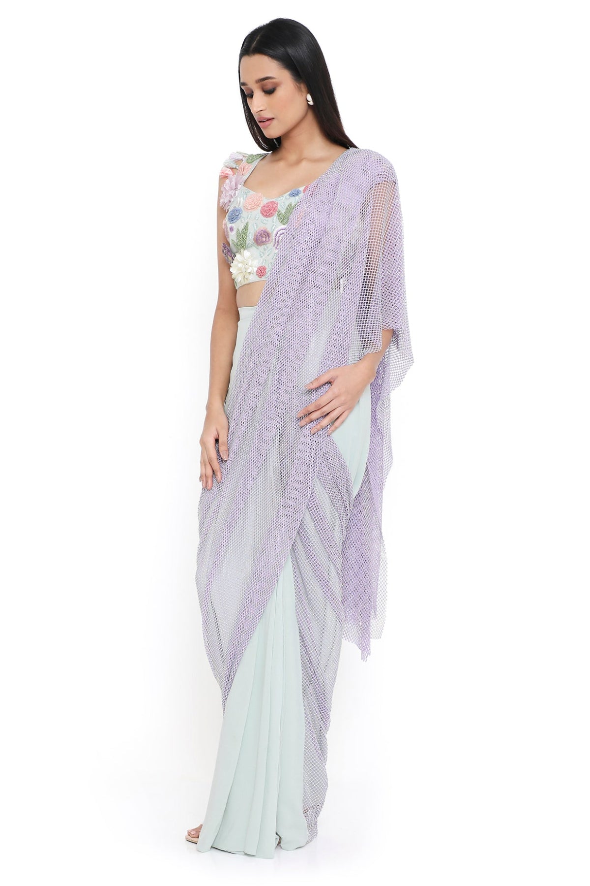 Verona Sea Foam Embroidered Choli And Saree With Purple Mesh Pallu