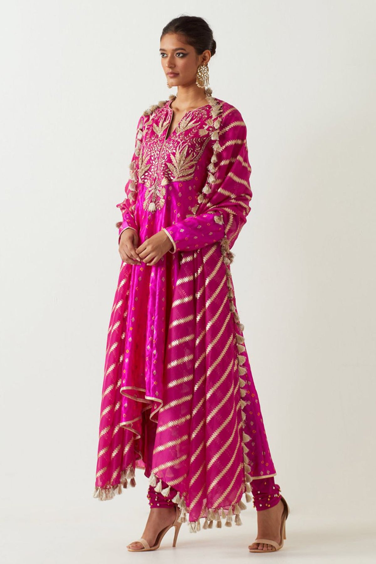 Hot Pink Embroidered Anarkali And Churidar With Organza Dupatta