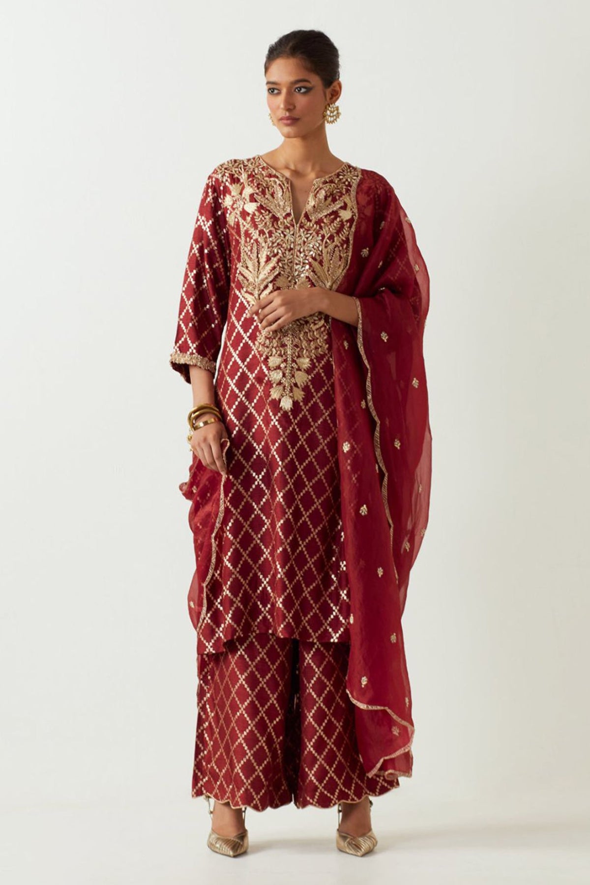 Maroon Embroidered Kurta With Pant And Embroidered Dupatta
