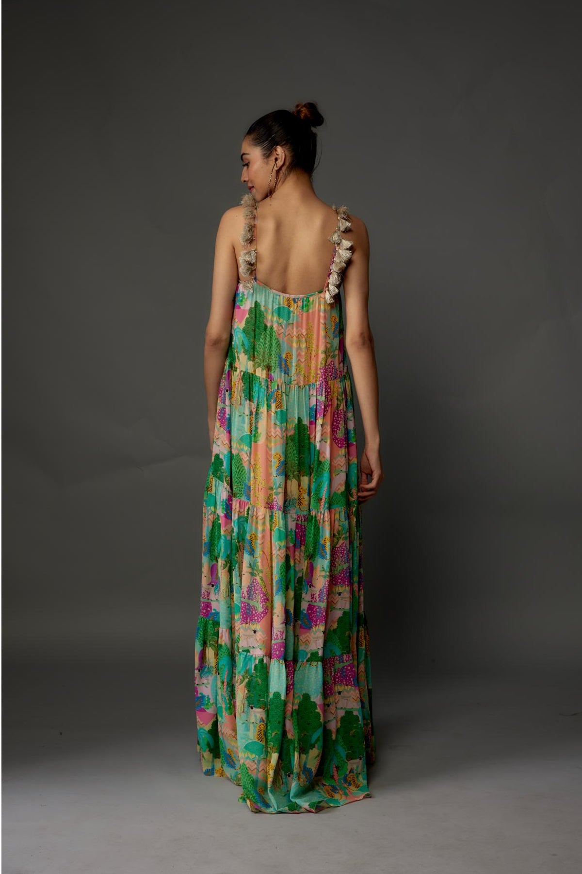 Peach Kuno Print Georgette Long Trapese Dress