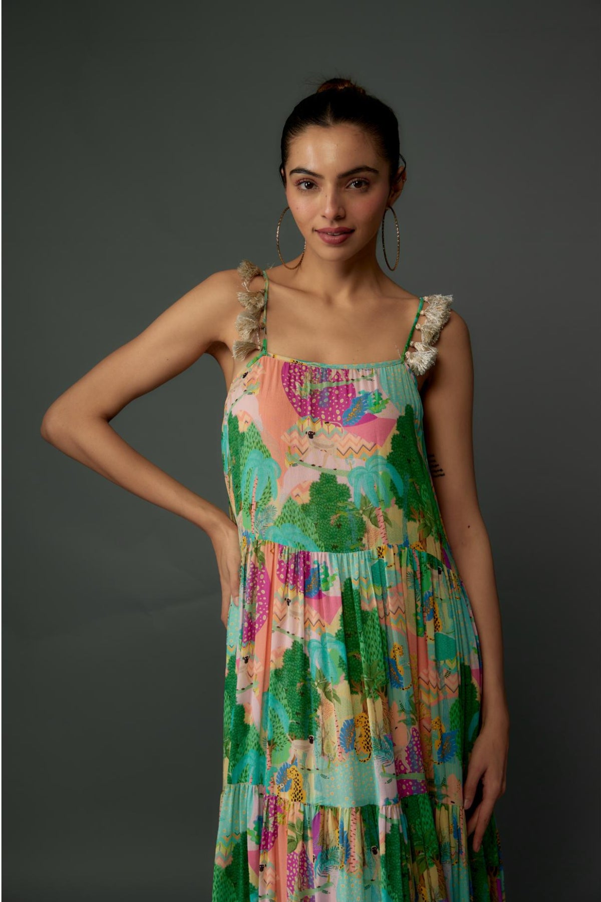 Peach Kuno Print Georgette Long Trapese Dress