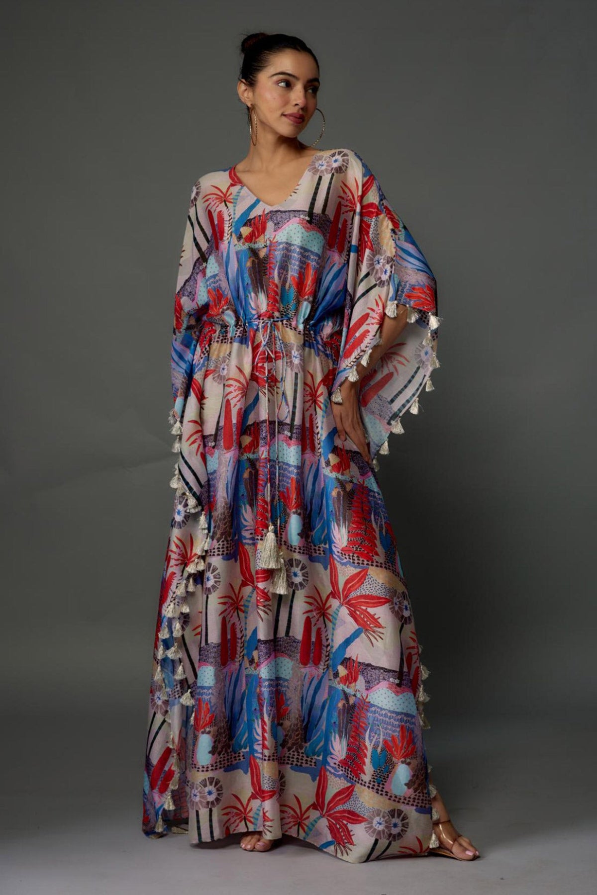 Red Tropical Print Silkmul Kaftan With Tassels