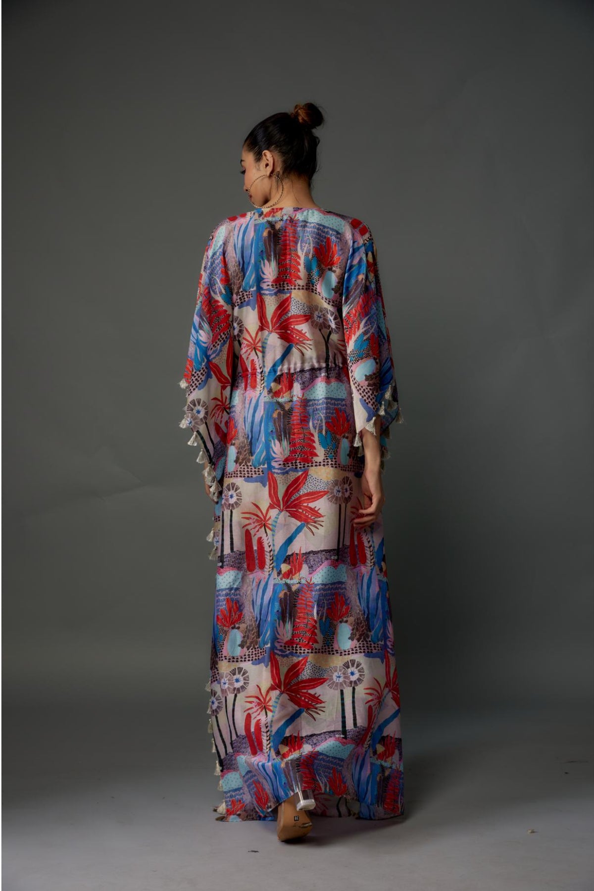 Red Tropical Print Silkmul Kaftan With Tassels