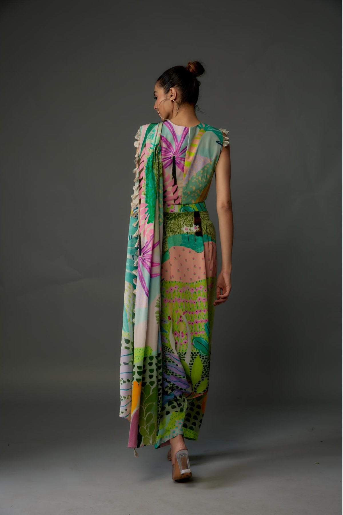 Tropical Print Crepe Top & Low-Crotch Pants With Attached Drape