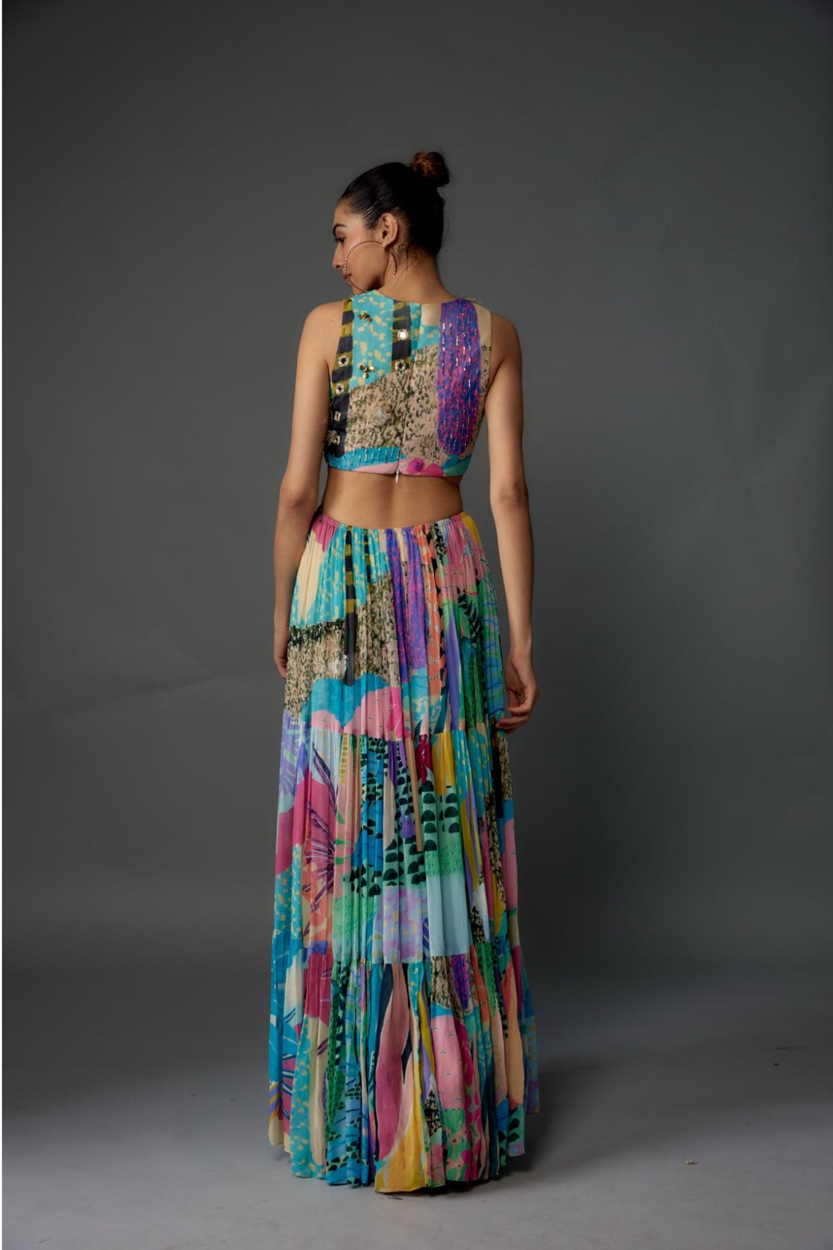 Aqua Tropical Print Art Georgette Embroidered Cut-Out Dress