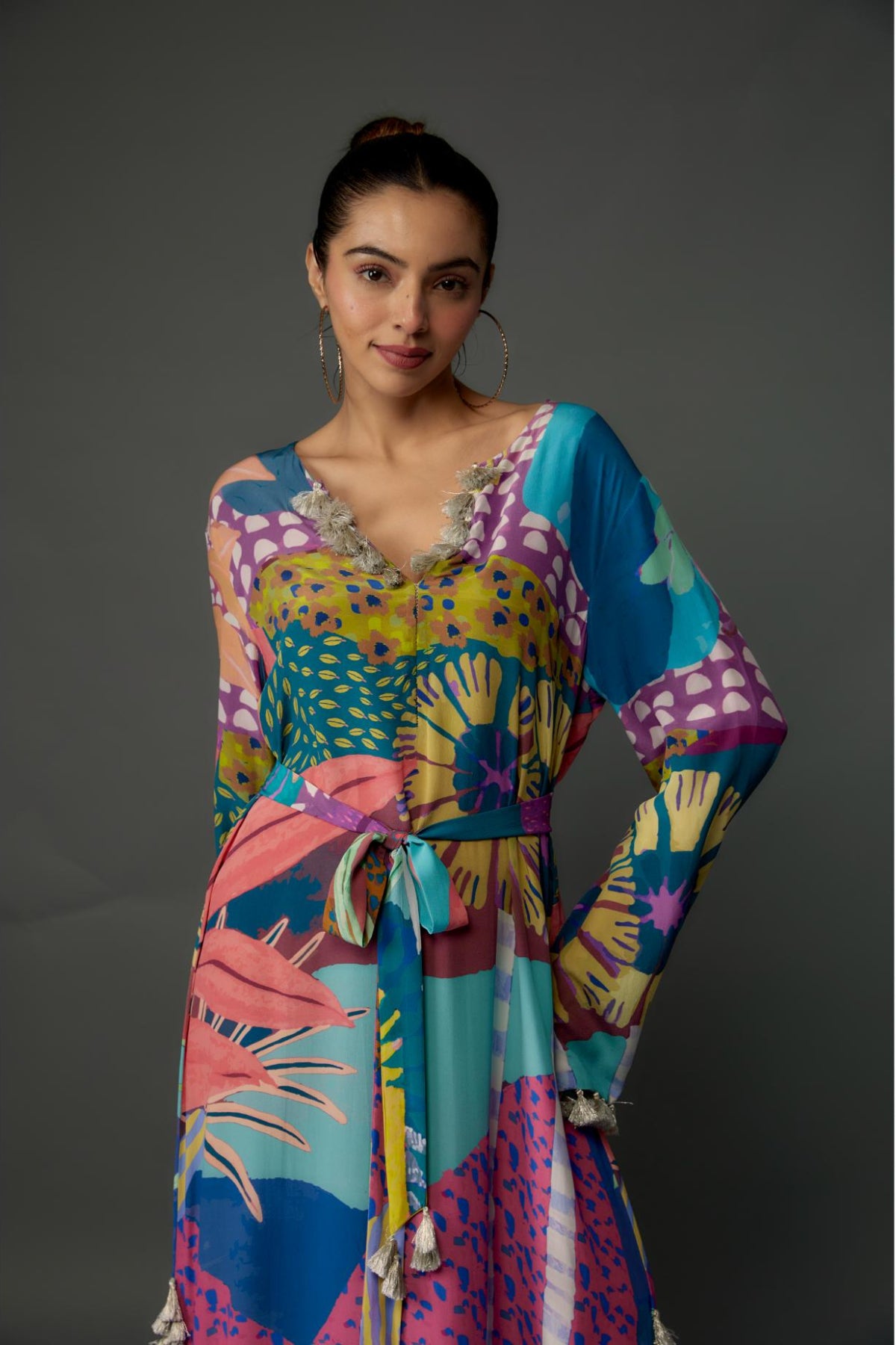 Purple Tropical Print Crepe Long Beyza Kaftan