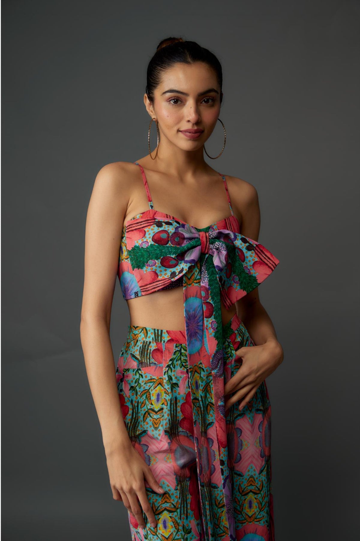 Red Enchanted Print Crepe Bow Tube & Palazzo Pant